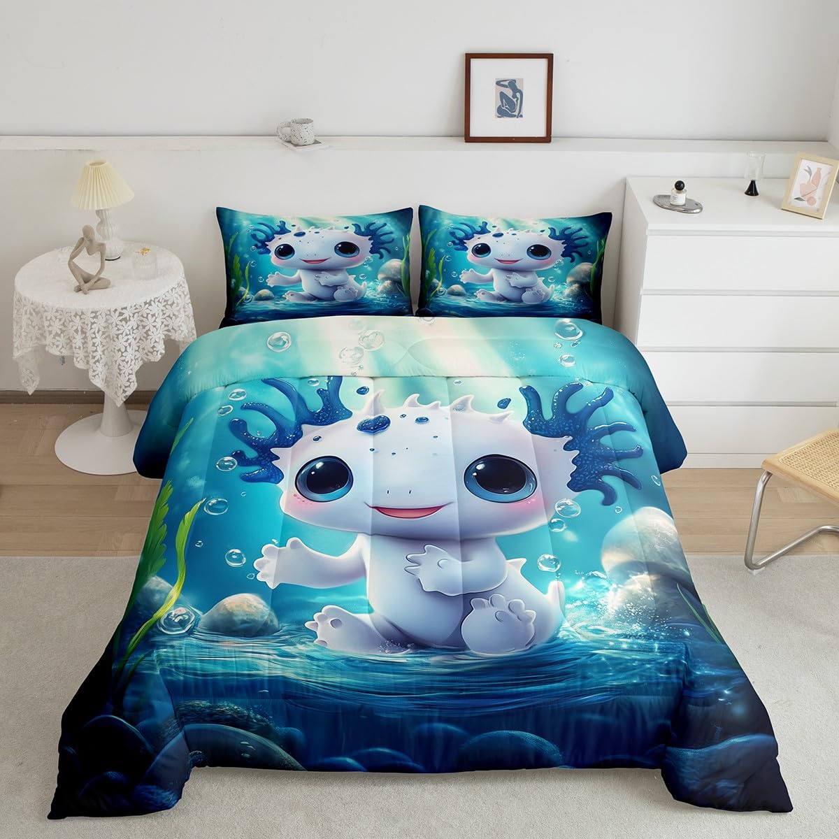Feelyou Cute Axolotl Comforter Set Twin Size Kids Kawaii Ocean Sealife Bedding Set for Boys Teens Blue Cartoon Salamander Comforter Gift for Girls Women Duvet Set Sunshine Quilt Set