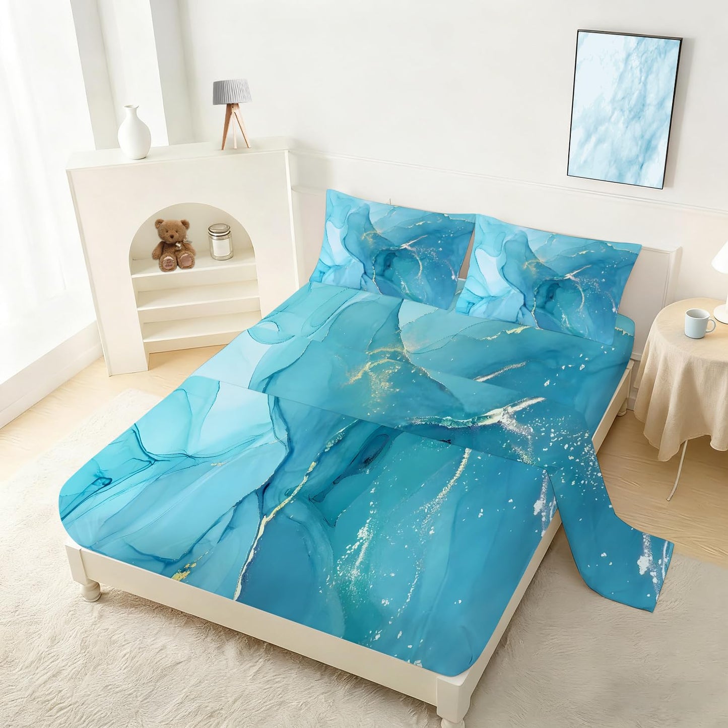 VTKON Kids Twin Blue Marble Sheets Set Aesthetic Blue Gold Marble Bedding Set Boys Girls Soft Microfiber Bed Sheet Includes 1 Fittde Sheet, 1 Flat Sheet and 1 Pillowcase