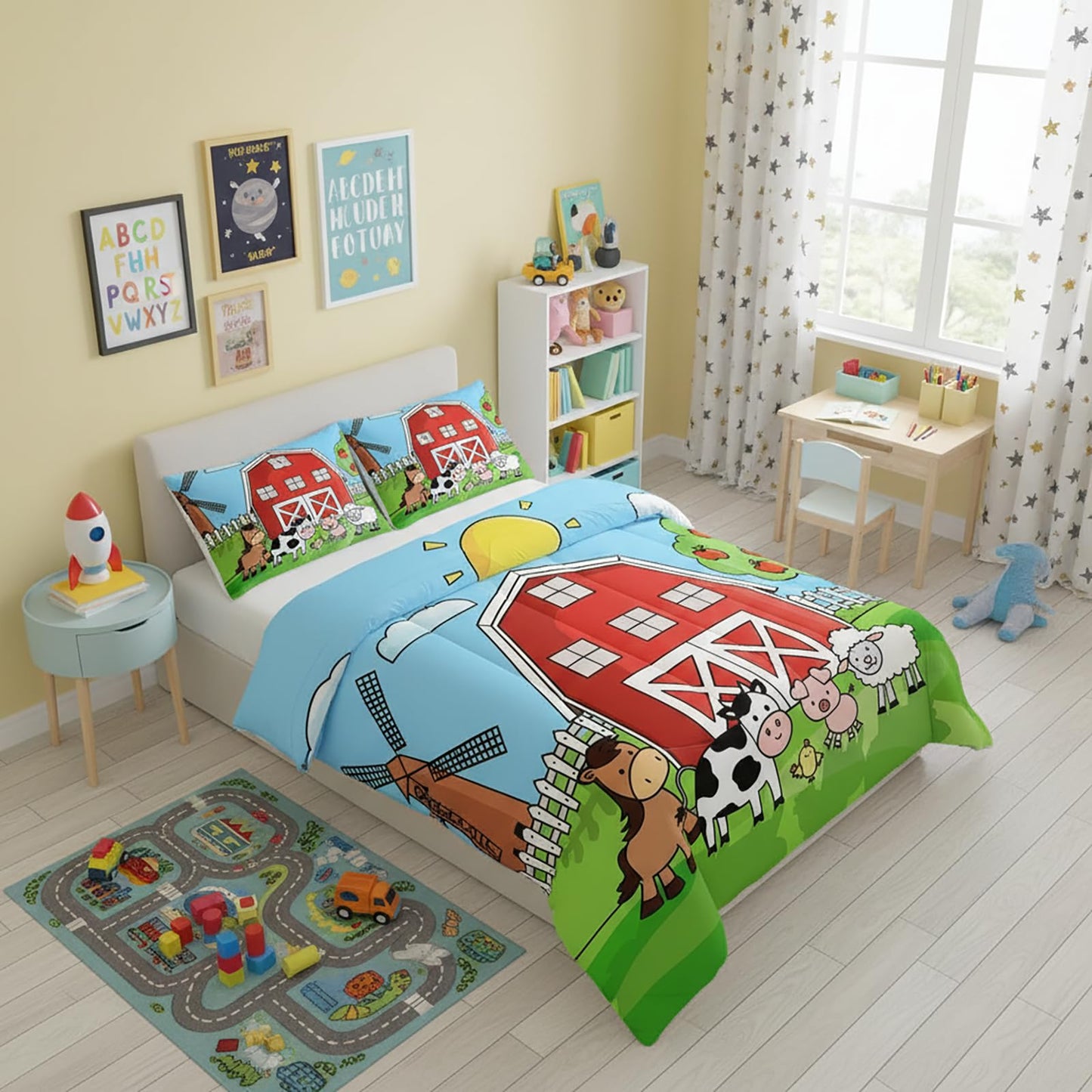 QOOMO Farm Animals Comforter,Farmhouse Comforter Set for Kids Teens Girls Boys,Cartoon Animals 3Pcs Bedding Set Printed Comforter with 2 Pillowcases,Down Alternative,Soft and Lightweight，Queen Size