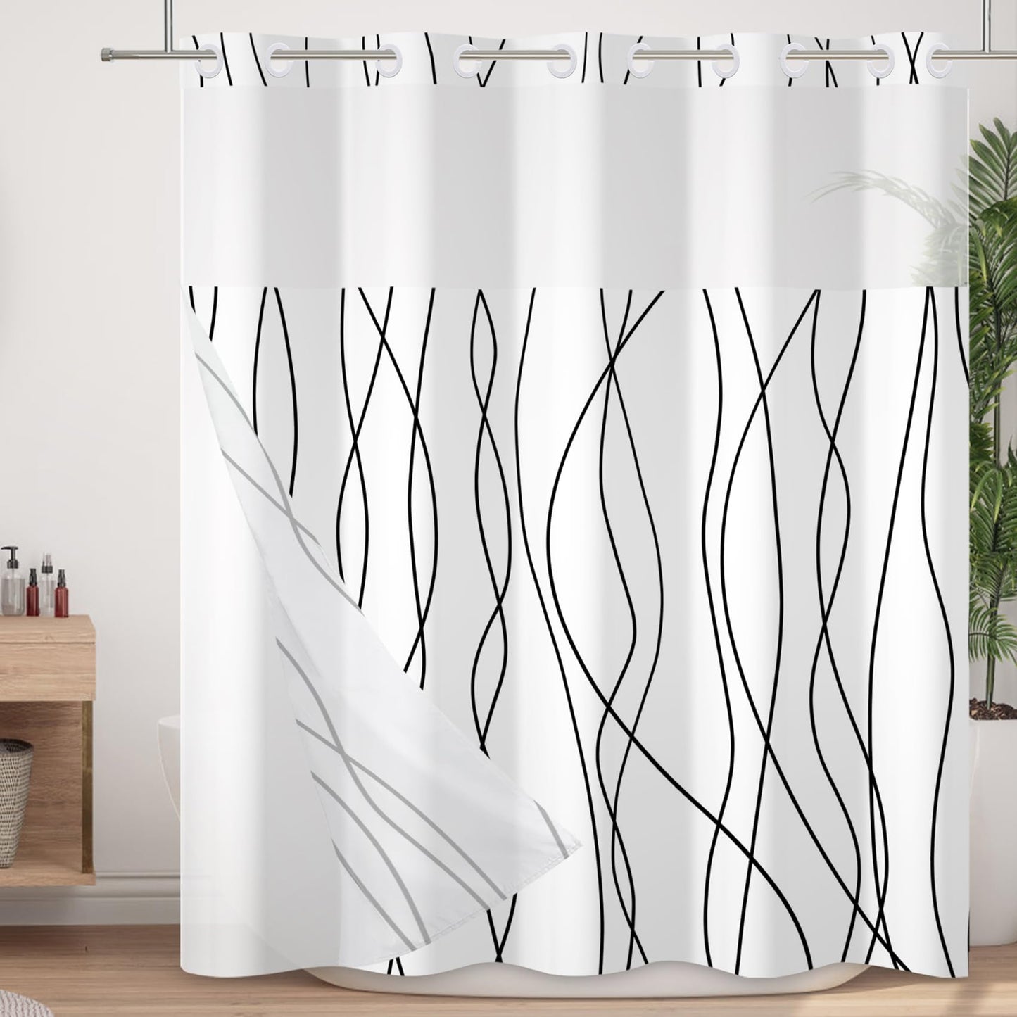 Velaequezii No Hook Shower Curtain with Snap in Liner Set Black White Striped Bath Curtain Double Layers Waterproof Washable Fabric with See Through Mesh Top Window for Bathroom Hotel 71x74 Inch