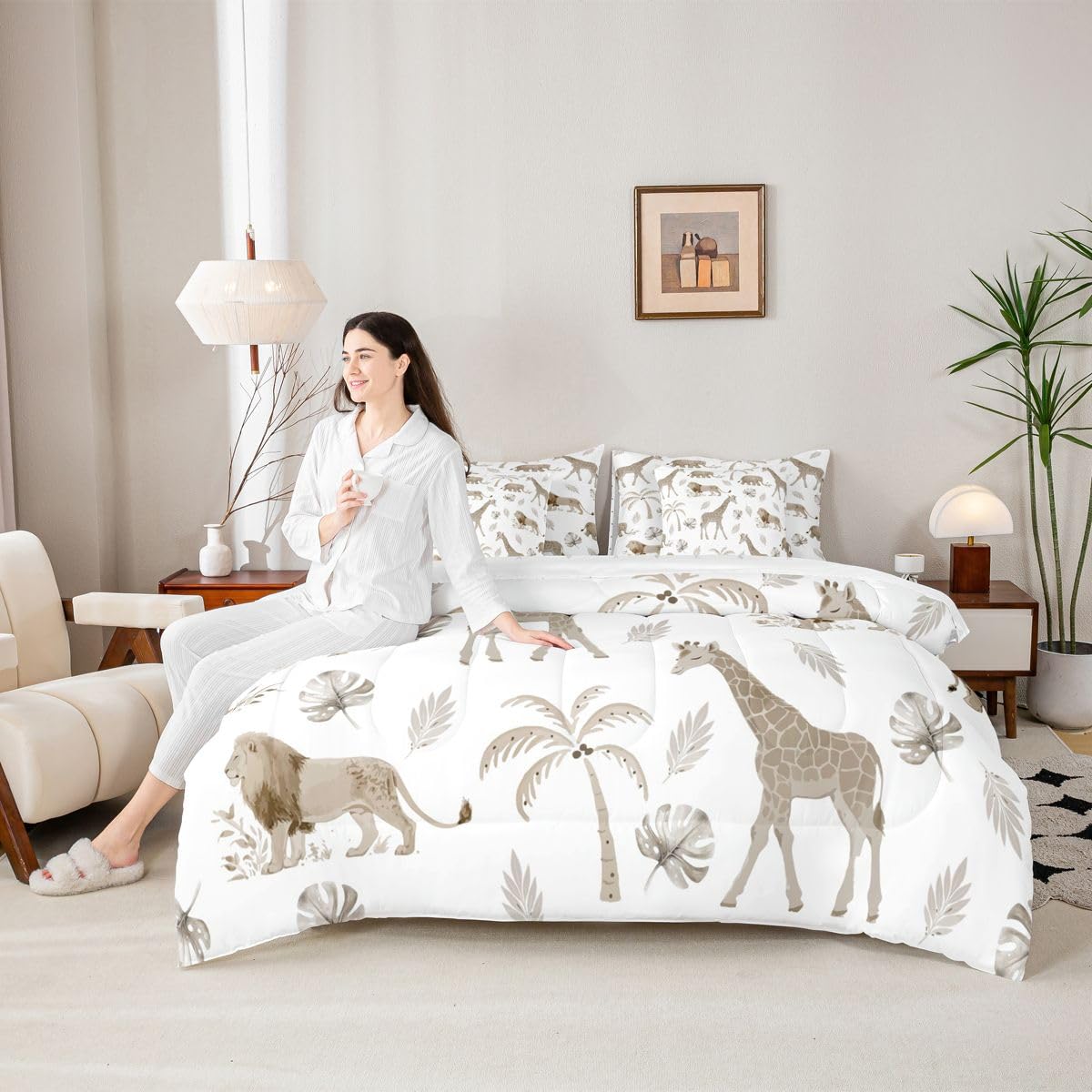 Erosebridal Jungle Animals 7 Piece Bedding Set Twin Elephant Lion Giraffe Animal Comforter Set with Sheets African Bed in A Bag Hunter Brown Wildlife Bed Sets with 2 Pillowcases, 2 Throw Pillow Covers