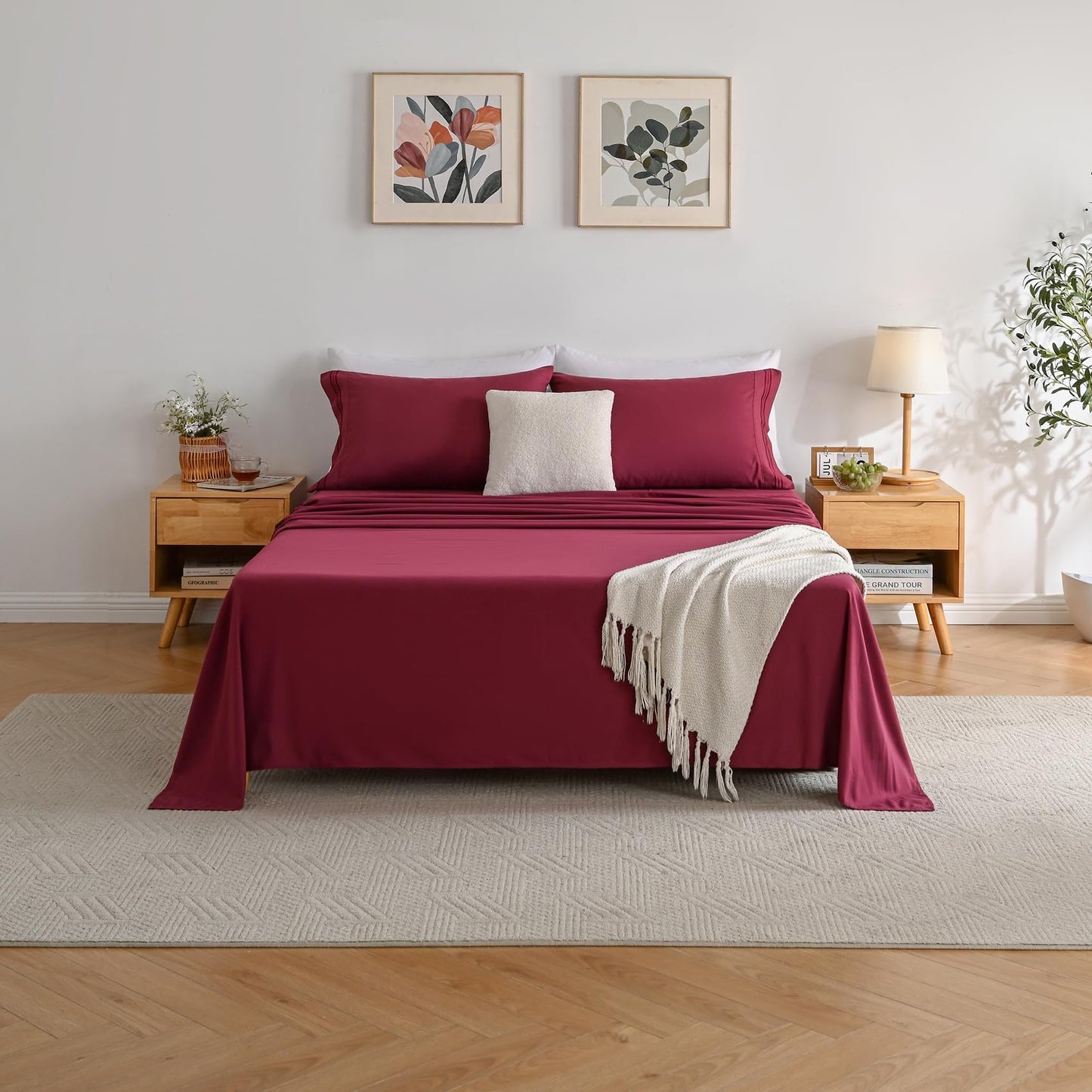 Wine Red Queen Sheet Sets-Luxury Hotel Style-Extra Deep Pocket Fitted Bed Sheet Set-Microfiber Bedding Sheets & Pillowcases-Soft Cooling Bedsheet 4 Piece Burgundy