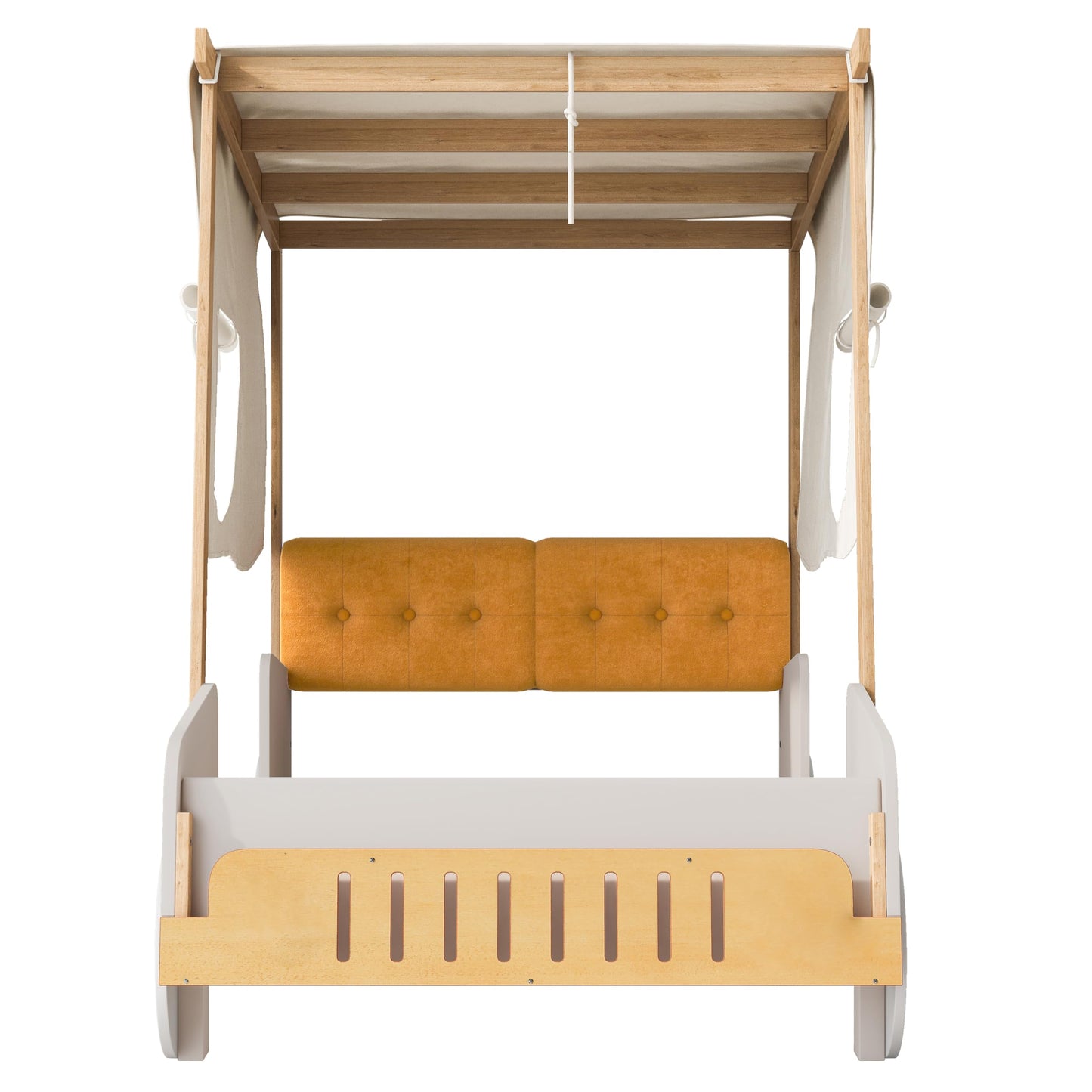 Harper & Bright Designs Twin Size Car Bed with Pillow, Ceiling Cloth, Twin Wooden Kids Playhouse Bed Frame, Wood Twin Platform Bed for Boys Girls Teens (Natural, Twin)