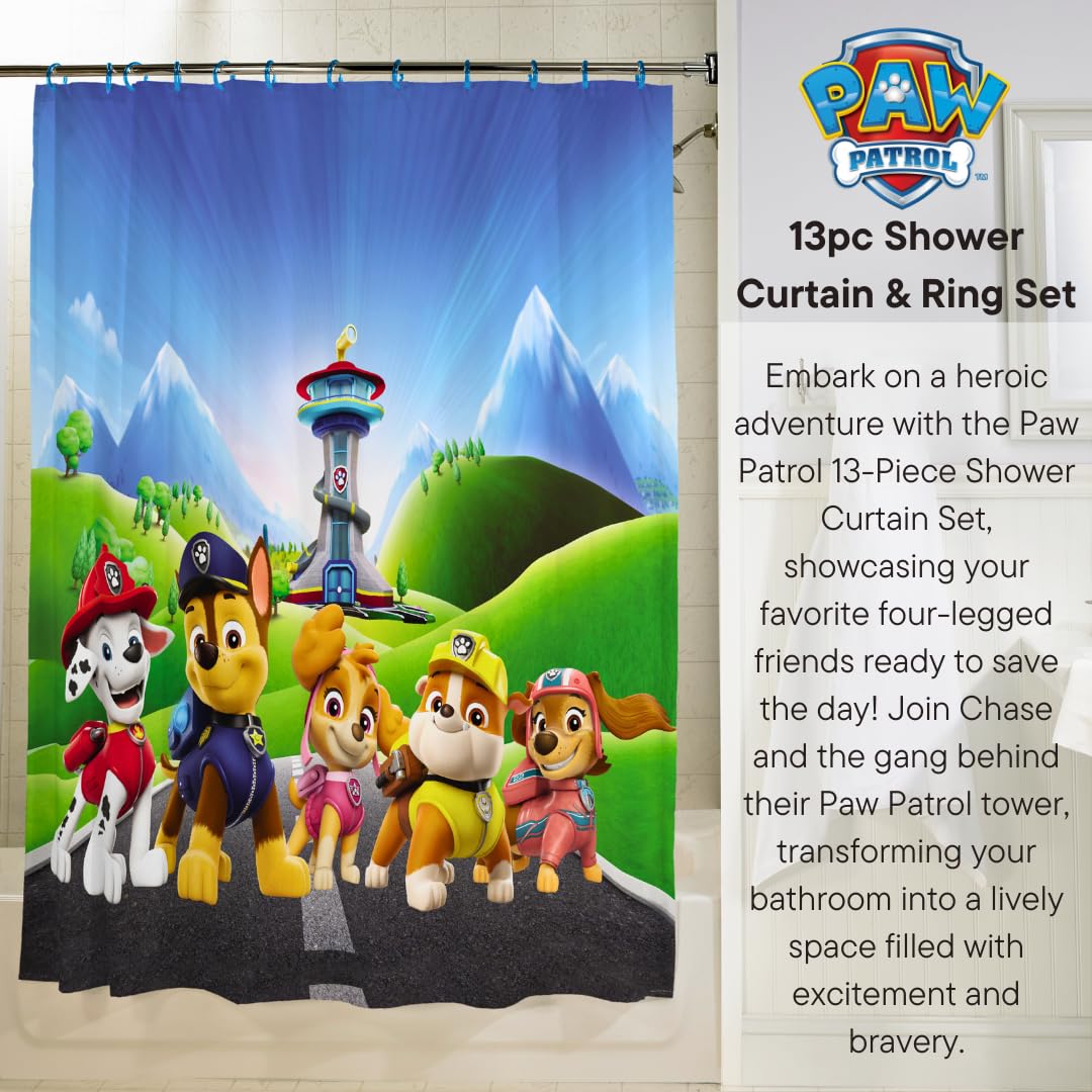 Nickelodeon Paw Patrol 13-Piece Shower Curtain Set, 72 x 72 Inch Fabric Curtain with Hooks, Bathroom Decor, Machine Washable, (100% Officially Licensed Product) by Franco Collectibles