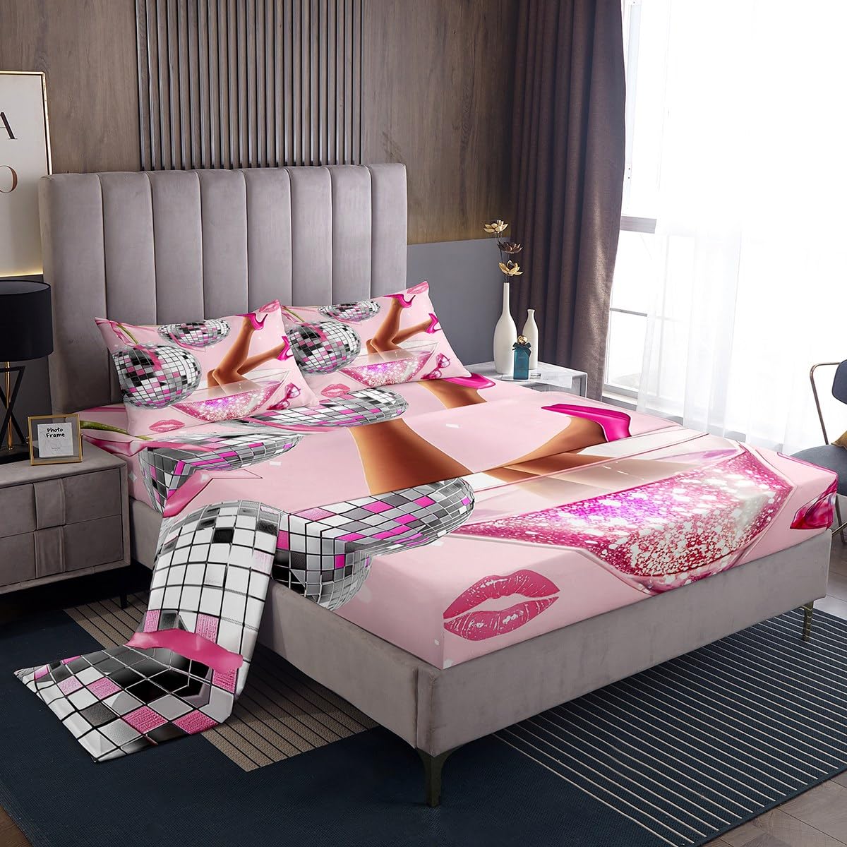 Erosebridal Pink Disco Ball Sheet Set King Size for Teens Girls Retro 70s Cherry Bow Preppy Bed Sheets Lips Modern Sheets Fantasy Fashion Coquette Aesthetic Bedding Set for Women