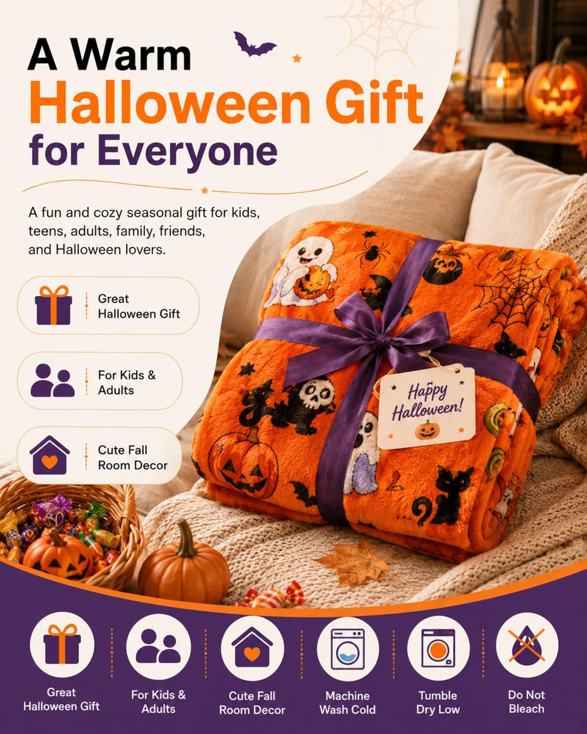 Halloween Throw Blanket Couch Cozy Flannel Decoration for Party Bed Soft Flannel Ghost Blanket Halloween Harvest Gifts Horror Ghost Bat Pumpkin(Model4,50x80in)