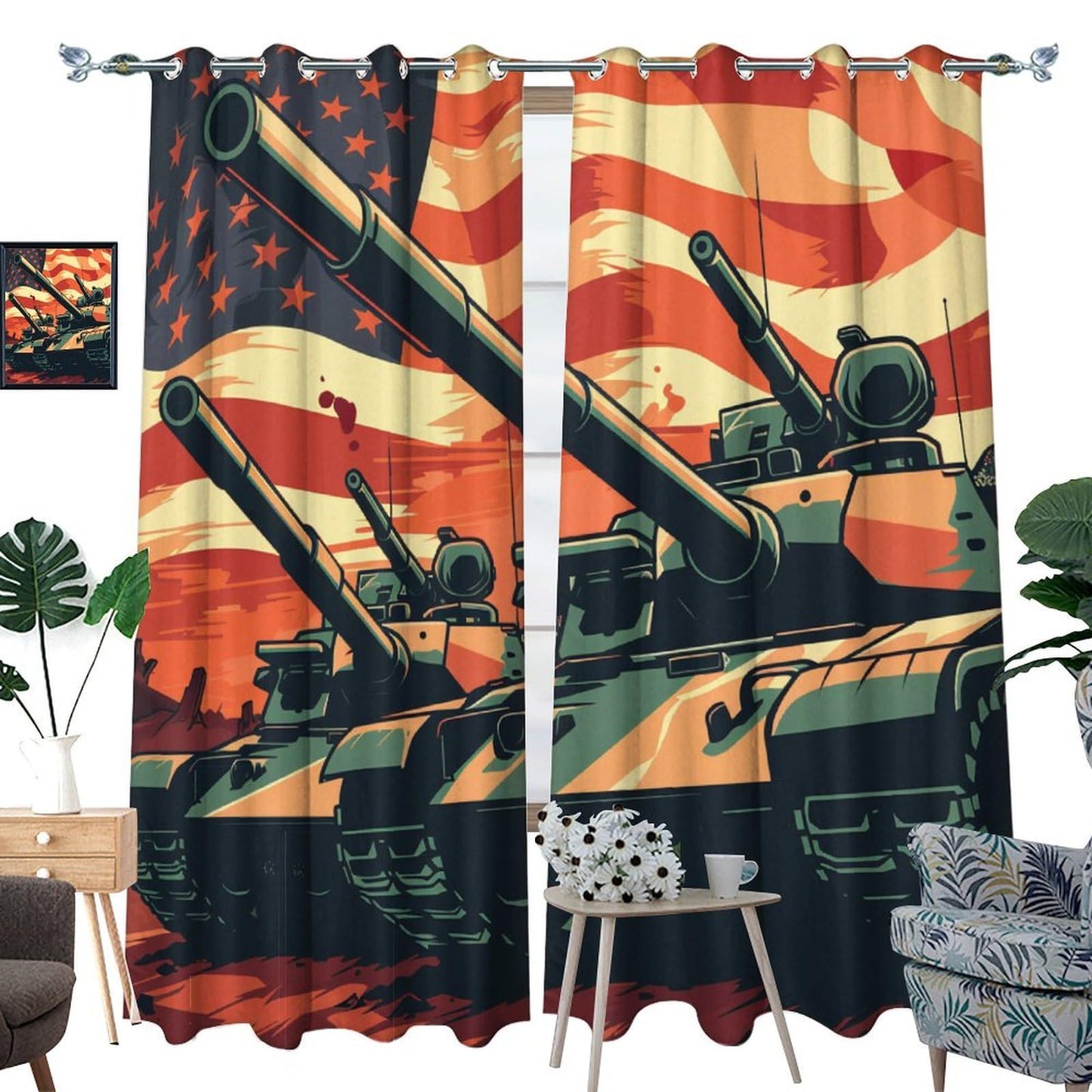 TOWINSFB Vintage Tank USA Flag Blackout Curtains for Bedroom/Living Room, American Patriotic Military War Theme Grommet Curtains Thermal Insulated Window Drapes, 2 Panels, Each 21W x 45L
