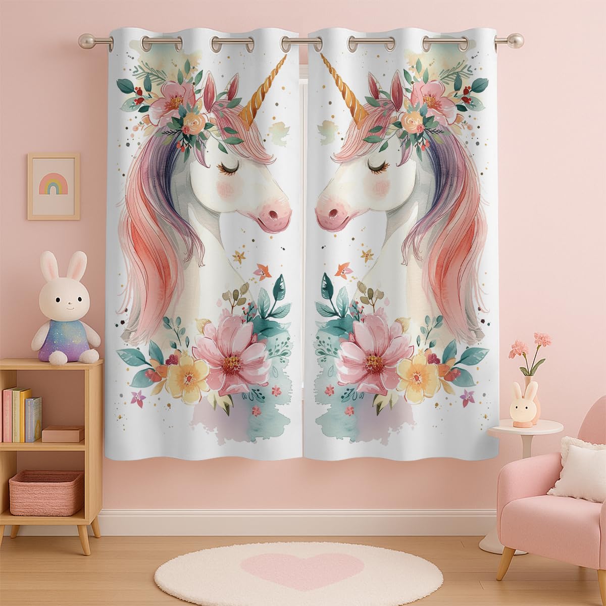 Unicorn Flower Blackout Curtains for Girls Boys Kids Home Decor, Fantasy Floral Pink Cartoon Unicorn Grommet Thermal Insulated Drapes Darkening Window Curtain for Bedroom Living Room, 42 x 45 Inch