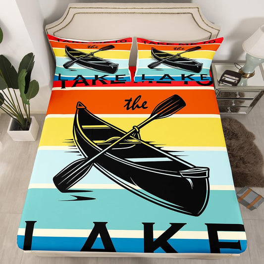 Lake Theme Kids Fitted Sheet Twin Size,Lake House Fishing Camping Boating Adventure Bedding Set,Boys Girls Room Decor,Geometric Stripes Bed Cover,Colorful Bed Sheet,1 Pillowcase(No Top Sheet)