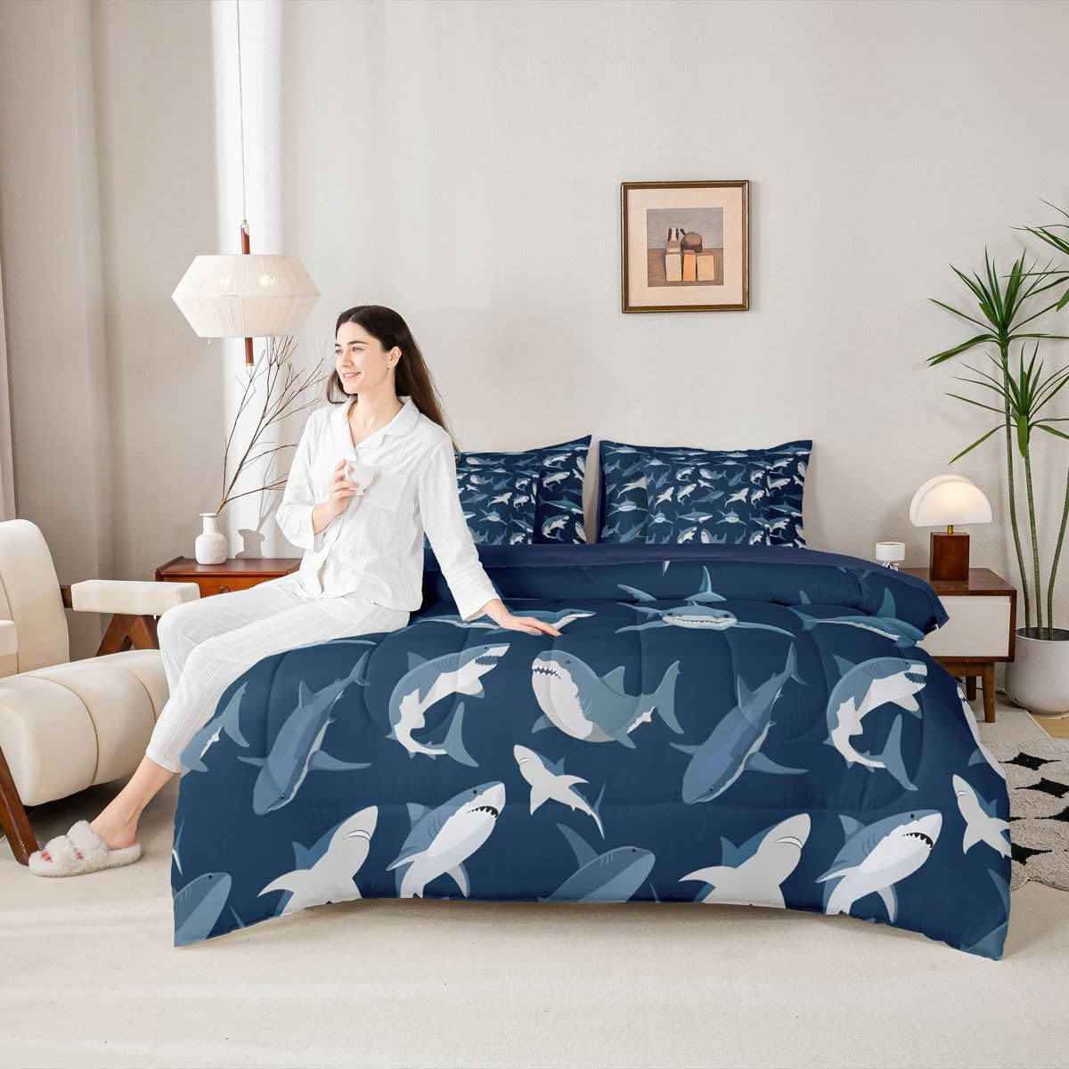 Erosebridal Boys Shark Queen Comforter Set with Sheets Navy Blue Ocean 7 Piece Bedding Set Cartoon Coastal Bed in a Bag, Under Sea Marine Life Sealife Nautical Sea Animal Room Decor