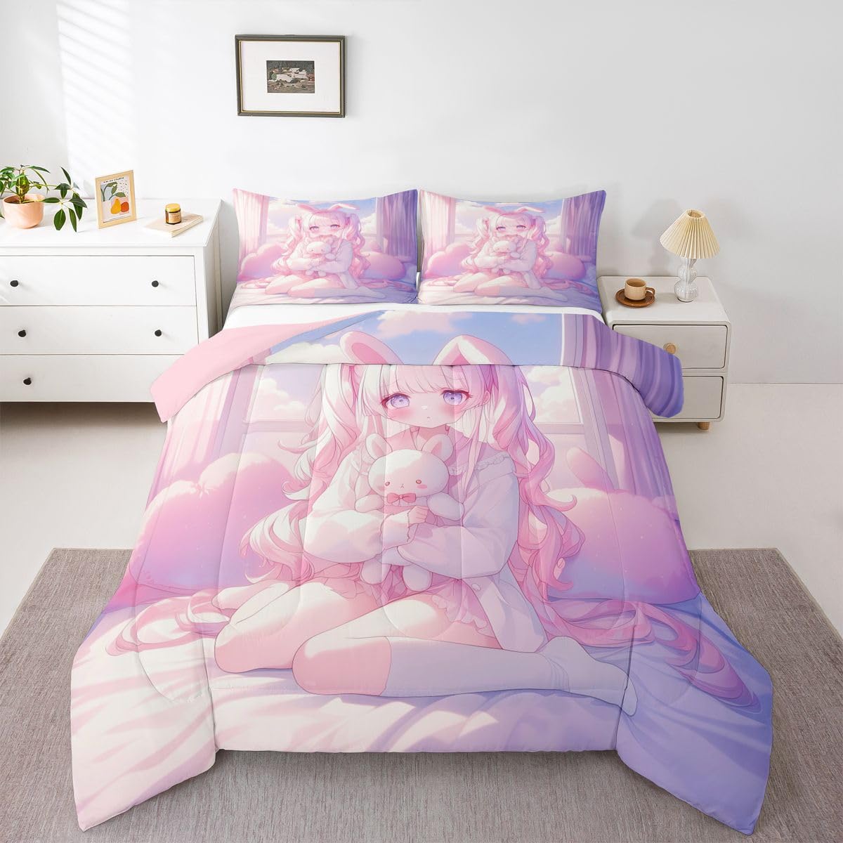 Erosebridal Romance Girly Comforter Set for Kids Boys Girls Anime Girl Bedding Japanese Girl Duvet Set Cute Cartoon Bear Comforter Twin with 1 Pillowcase
