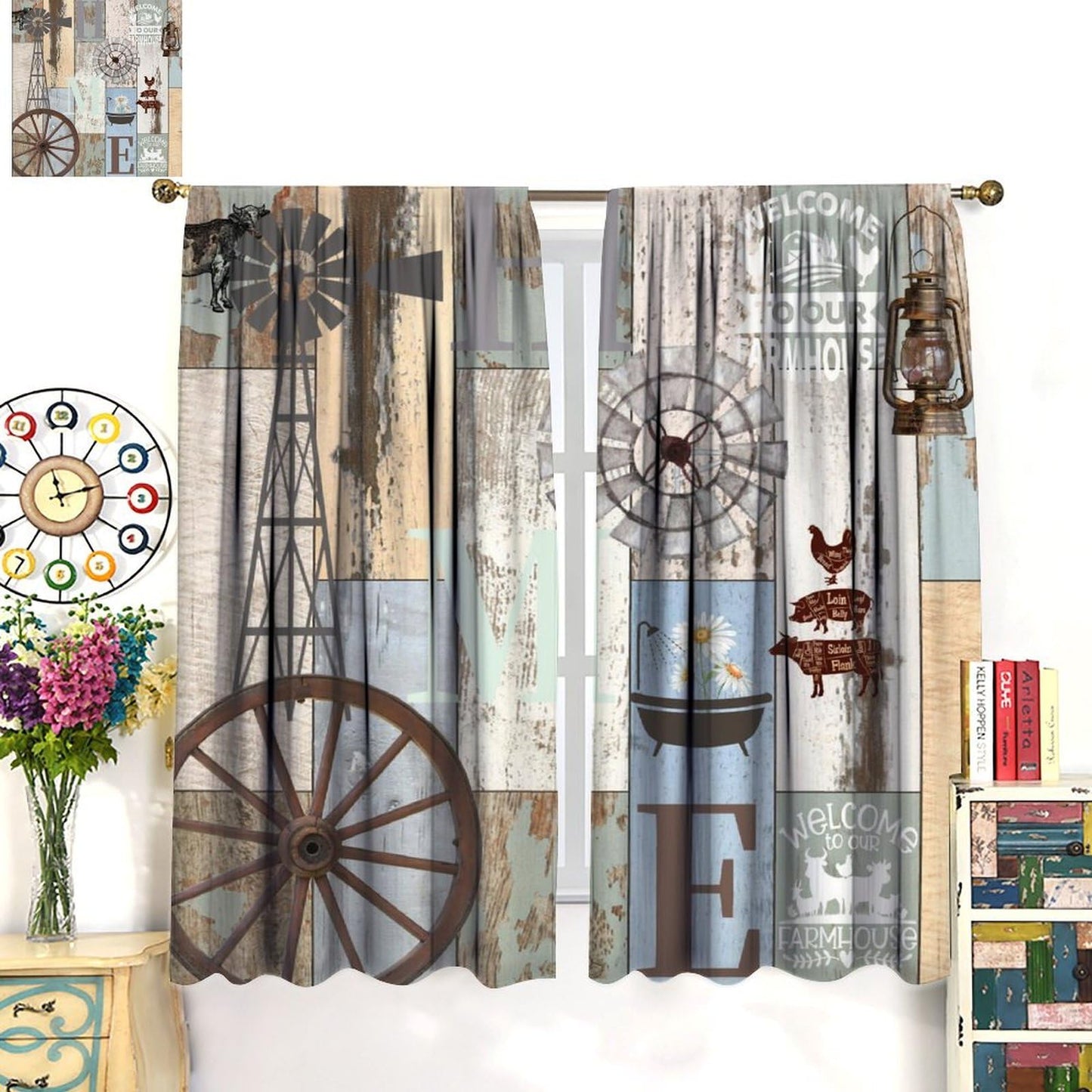 wlsgdsg Rustic Curtains,Retro Rustic Farmhouse Animal Barn Door Windmill Daisy Window Treatments Curtains Cafe Bedroom Office Dining Room Living Room Kitchen Drapes, 42x45 in