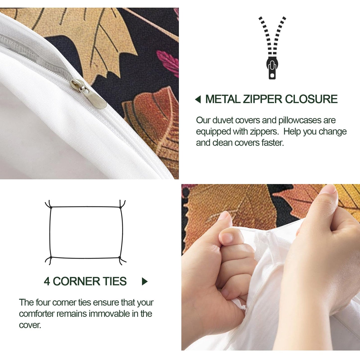 ZAMODE Fall Leaf Duvet Cover 120" x 98", Vintage Leaves Bedding Set, Autumn Plant Comforter Cover with Zipper Ties