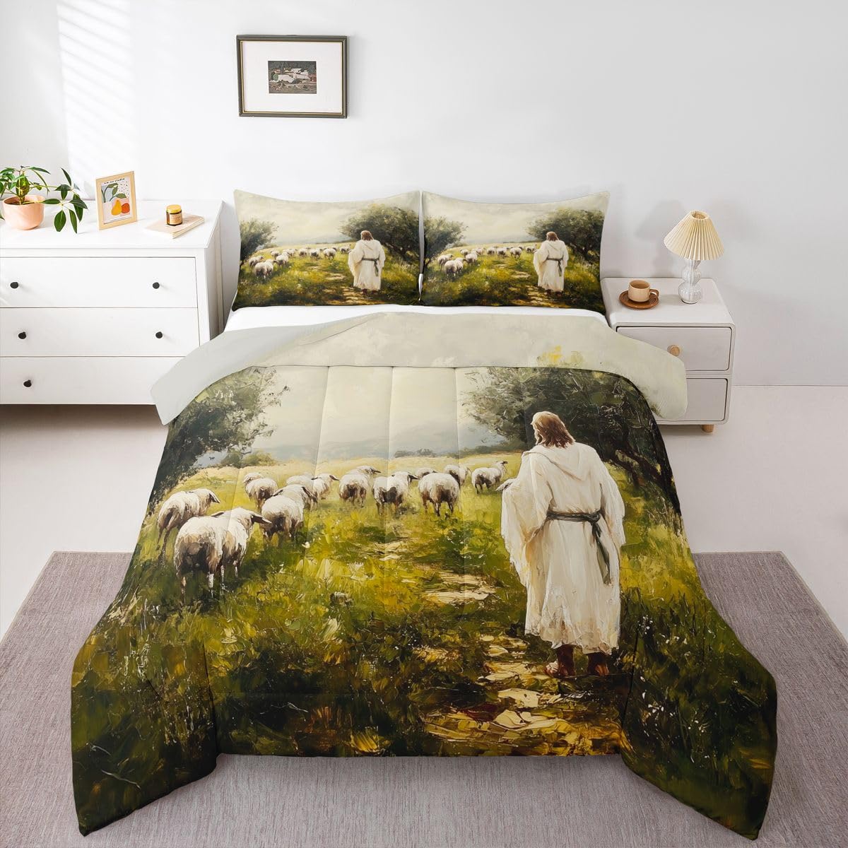 God and Lamb Kids Comforter Set Twin Size,Western Spiritual Bible Verse Bedding Set Boys Girls Room Decor,Bible Stories Spiritual Quilt Comforter,Green White Duvet Set Bedroom Quilt Set,1 Pillowcase