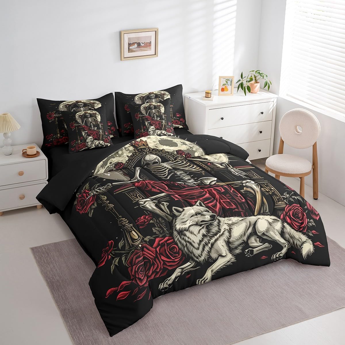 Erosebridal King Skull Bed in A Bag Red Roses Valentine's Day Comforter Set Full Size,Starry Sky Moon 7 Piece Bedding Set Wildlife Wolf Bed Set for Adults Men Women Room Decor