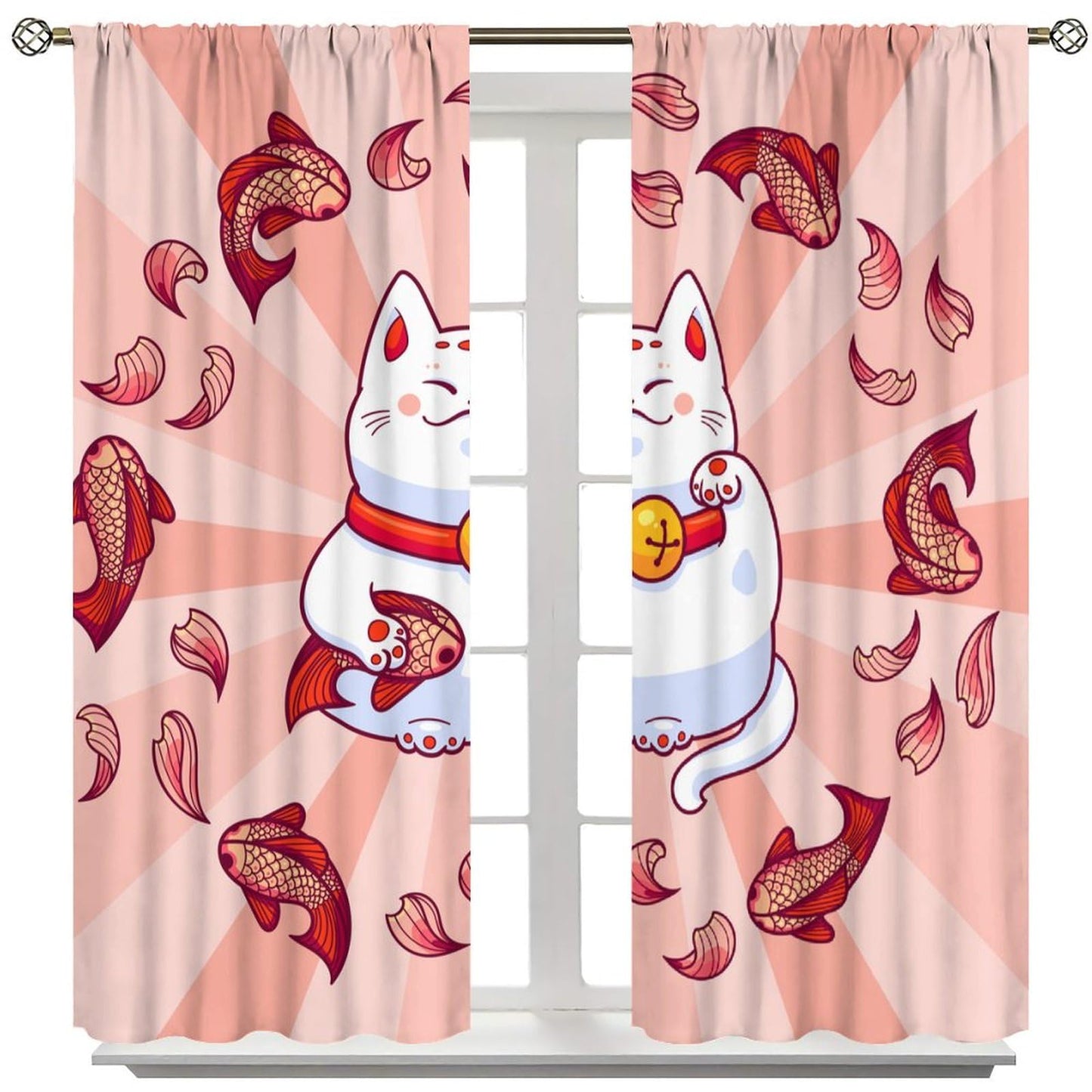 JanJCurt Japanese Noren Curtains, Lucky Cat Kitchen Window Curtain Oriental Style Traditional Red Carp Good Luck Window Treatments for Kitchen Living Room Bedroom, 42x45 Inch (No Blackout)