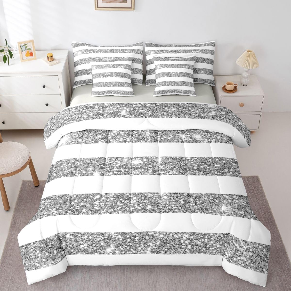 Feelyou Golden Stars Glitter Comforter Set Full Size 7 Pieces Diamond White and Grey Bedding Set for Kids Boys Girls Bling Partyations Bed in a Bag with Comforter, Sheets, Pillowcases, Covers