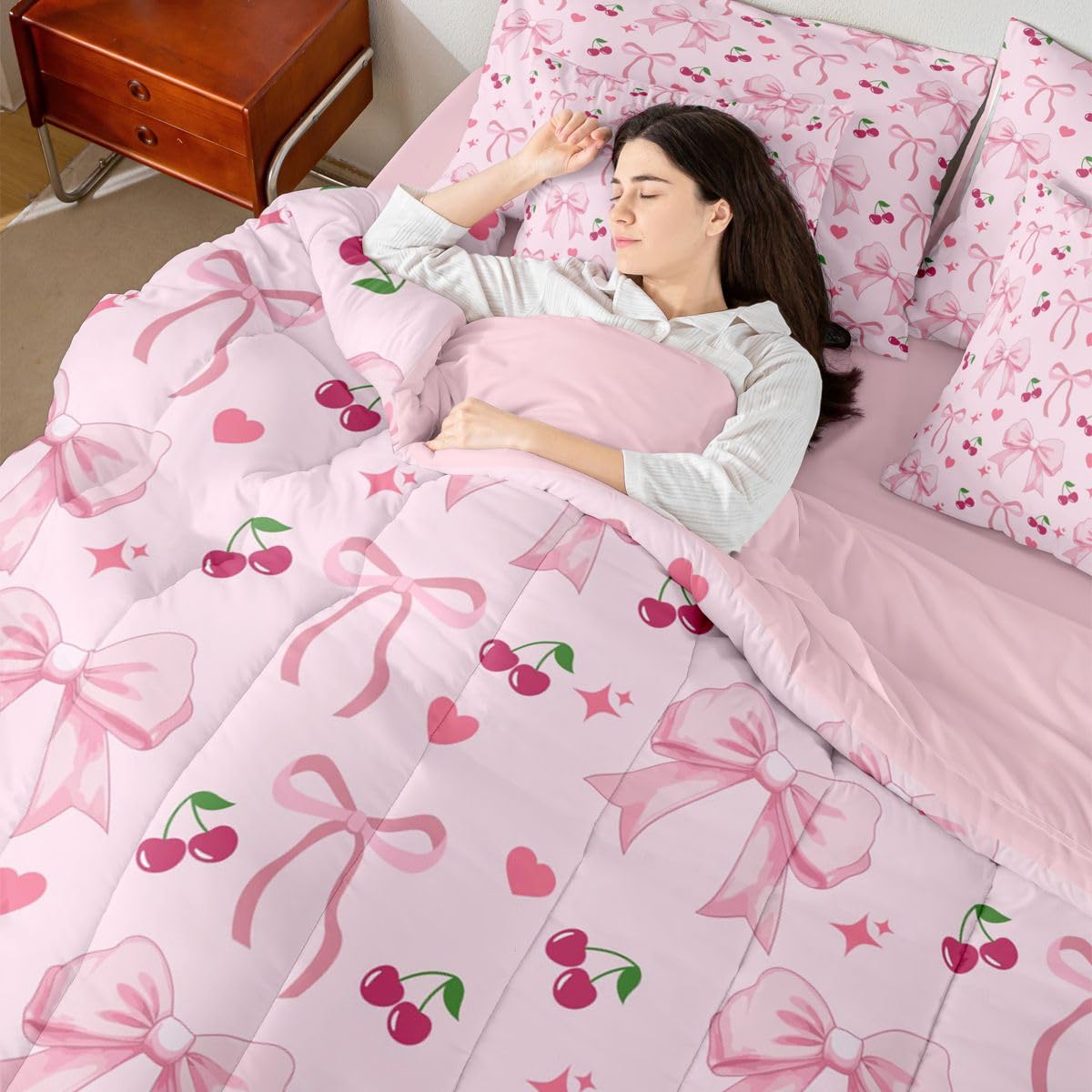Erosebridal Girly Pink Cherry Bowknot Full Comforter Set 7 Pieces | Ribbon Bow Bed in A Bag for Bedroom Love Hearts Coquette Bedding Set with Comforters Love Hearts Coquette Room Decor