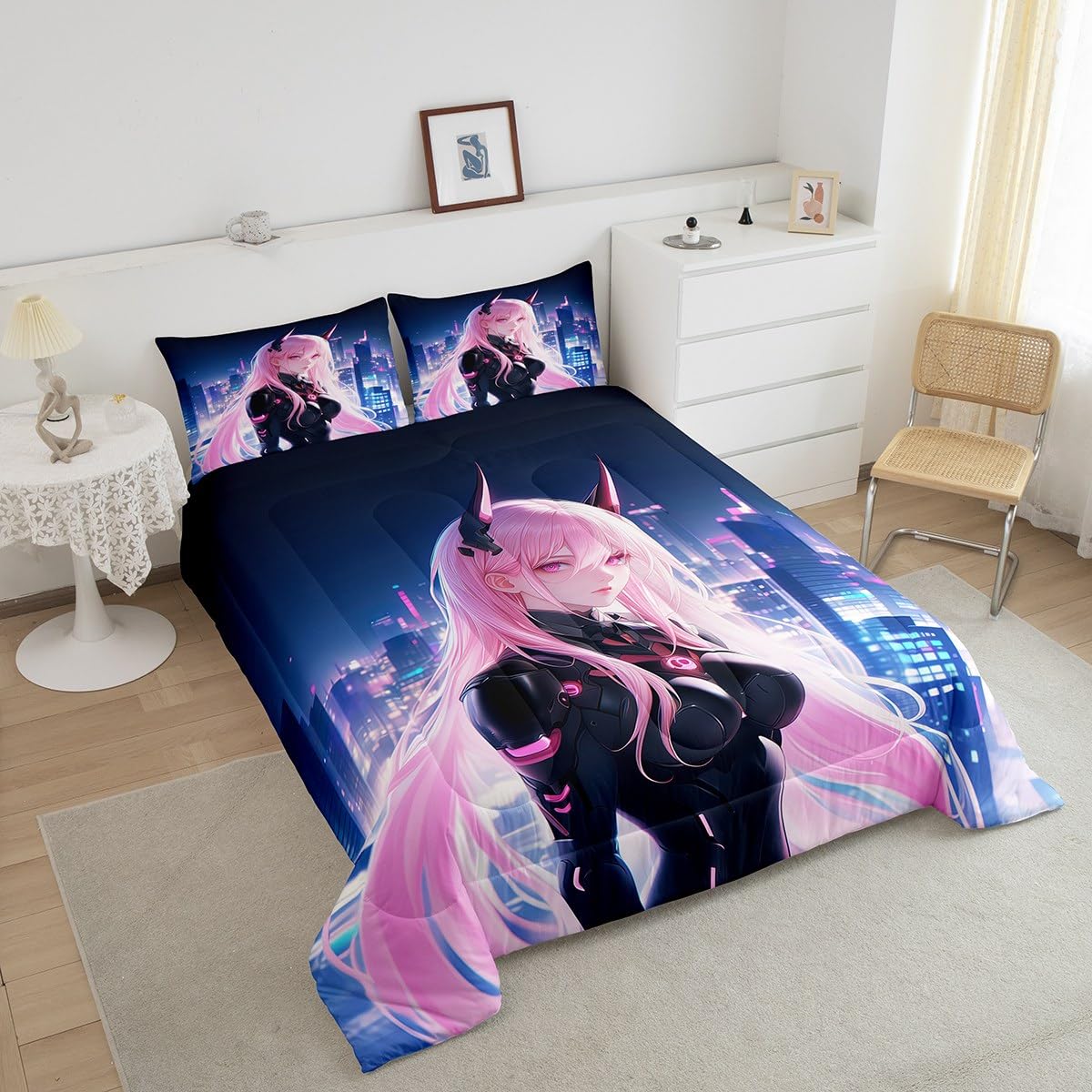 Erosebridal Japanese Anime Comforter Set Full Size, Anime Girl Bedding Set Kawaii Japanese Style Quilt Cartoon Japan Animation Duvet Insert for Boys Teens Adult Women Bedroom Decor