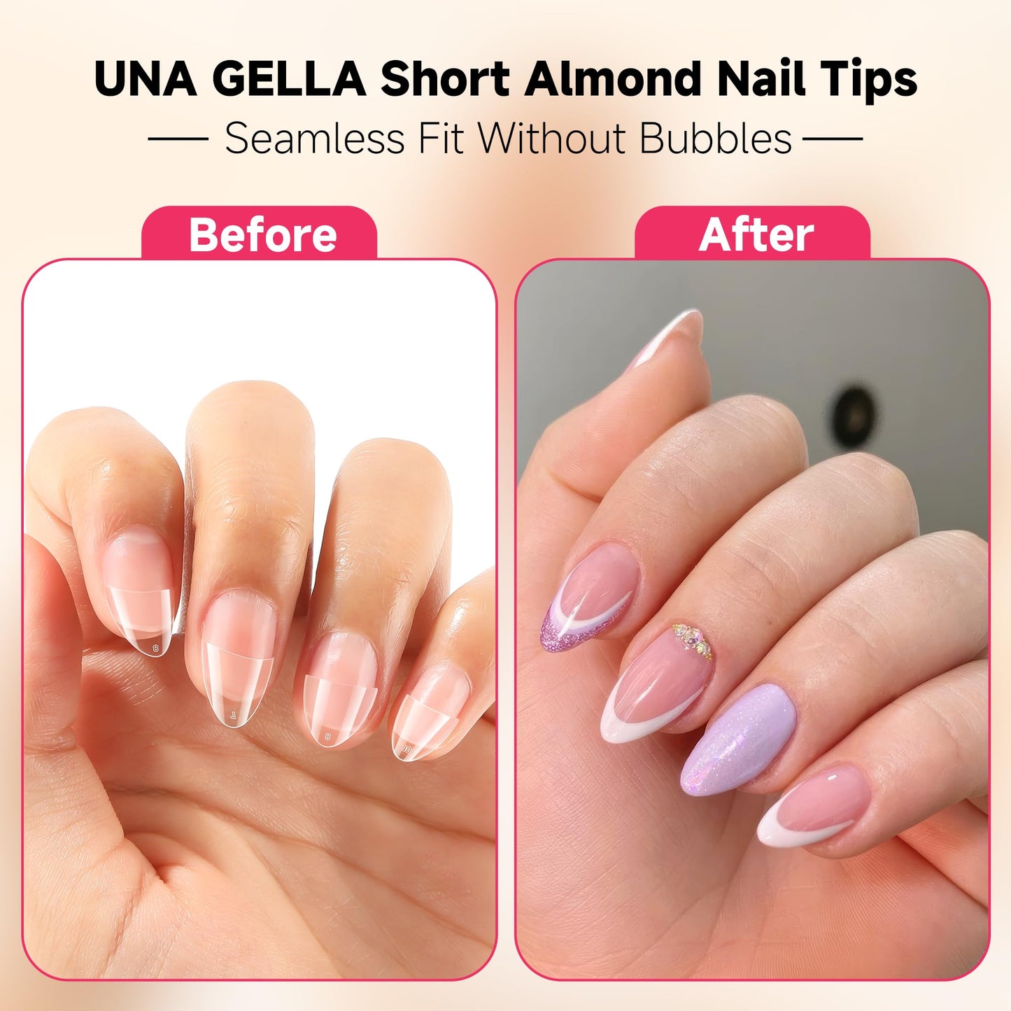 UNA GELLA Short Almond Gel Nail Tips: 504PCS Acylic Nail Tips Almond Shape Extra Short Pre Etched Half Cover 12sizes Salon Quality Soft Press On Nails DIY for Home Nails Extension