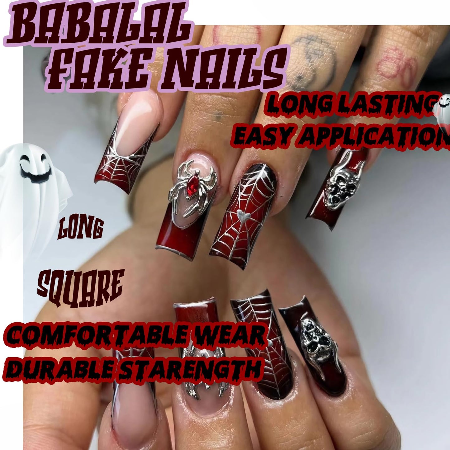 BABALAL Long Square Press on Nails - Goth Dark Black Red Metallic Spider Skull Charm Design Halloween Luxury Acrylic Nails Squoval 24Pcs