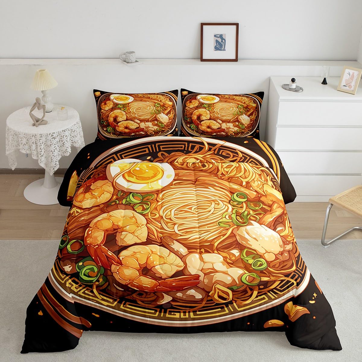Erosebridal Ramen Noodle Queen Comforter Set,Japanese Ramen Bedding Set Funny Gifts for Kids Adults,Food Themed Quilt Bed Set Anime Style Bedding Comforter Sets with 2 Pillowcases Bedroom Decor