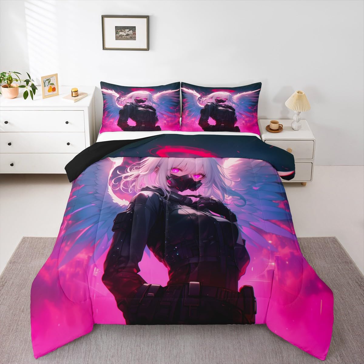 Erosebridal Twin Japanese Anime Comforter Set Anime Girl Bedding Set for Kids Girls Teens Men Bedroom, Cartoon Girl Quilt Kawaii Japanese Animation Duvet Insert 2 Piece with 1 Pillow Case