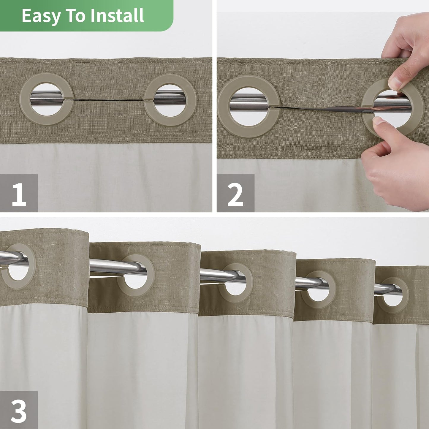 eachope Extra Long No Hook Shower Curtain with Snap-in Fabric Liner Set,Slub Textured Fabric Shower Curtains for bathroom,Hotel Style Modern Shower Curtain,Water Repellent,Washable,71x86(84),Tan/Khaki