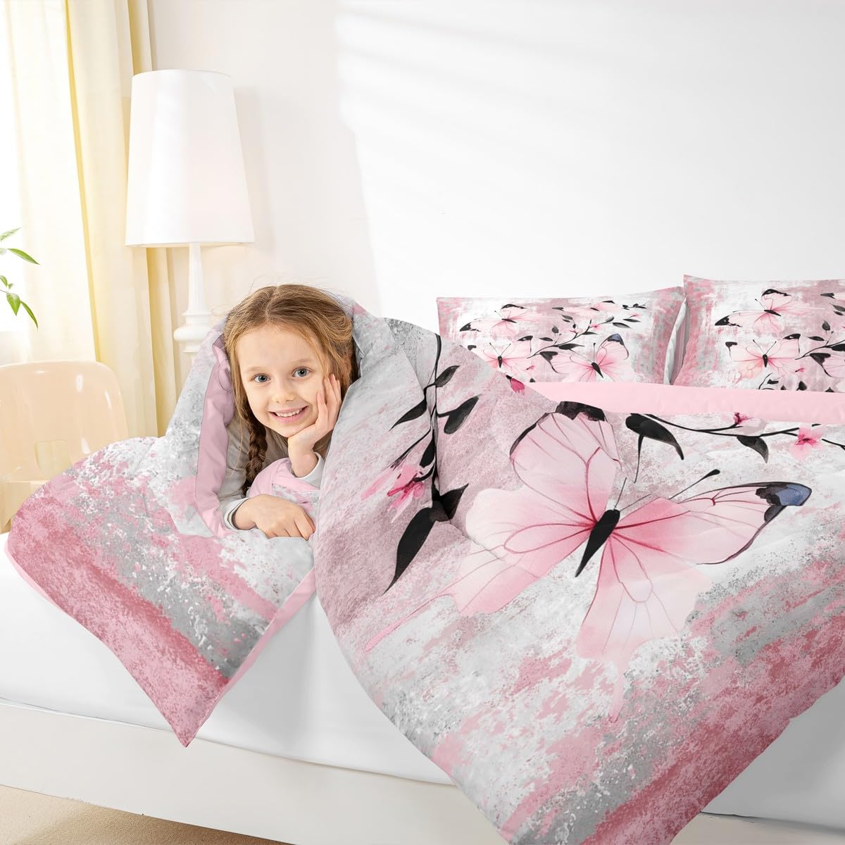 Erosebridal Abstract Oil Painting Queen Comforter Set Rustic Farmhouse Bedding Set Watercolor Butterfly Bed Set Ombre Pink Butterflies Quilt Set for Women Girls Adults