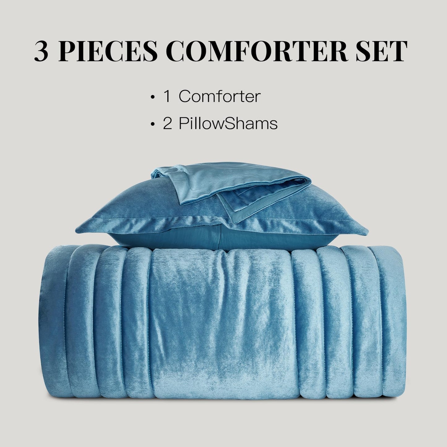 Blue Velvet Bedding Comforter Sets: Queen Size 3 Piece Luxury Ultra Soft Bed Set Suitable for All Seasons - Grayish Blue Cozy Striped Modern Rustic Lightweight Men Women Bedroom Comforter with 2 Shams