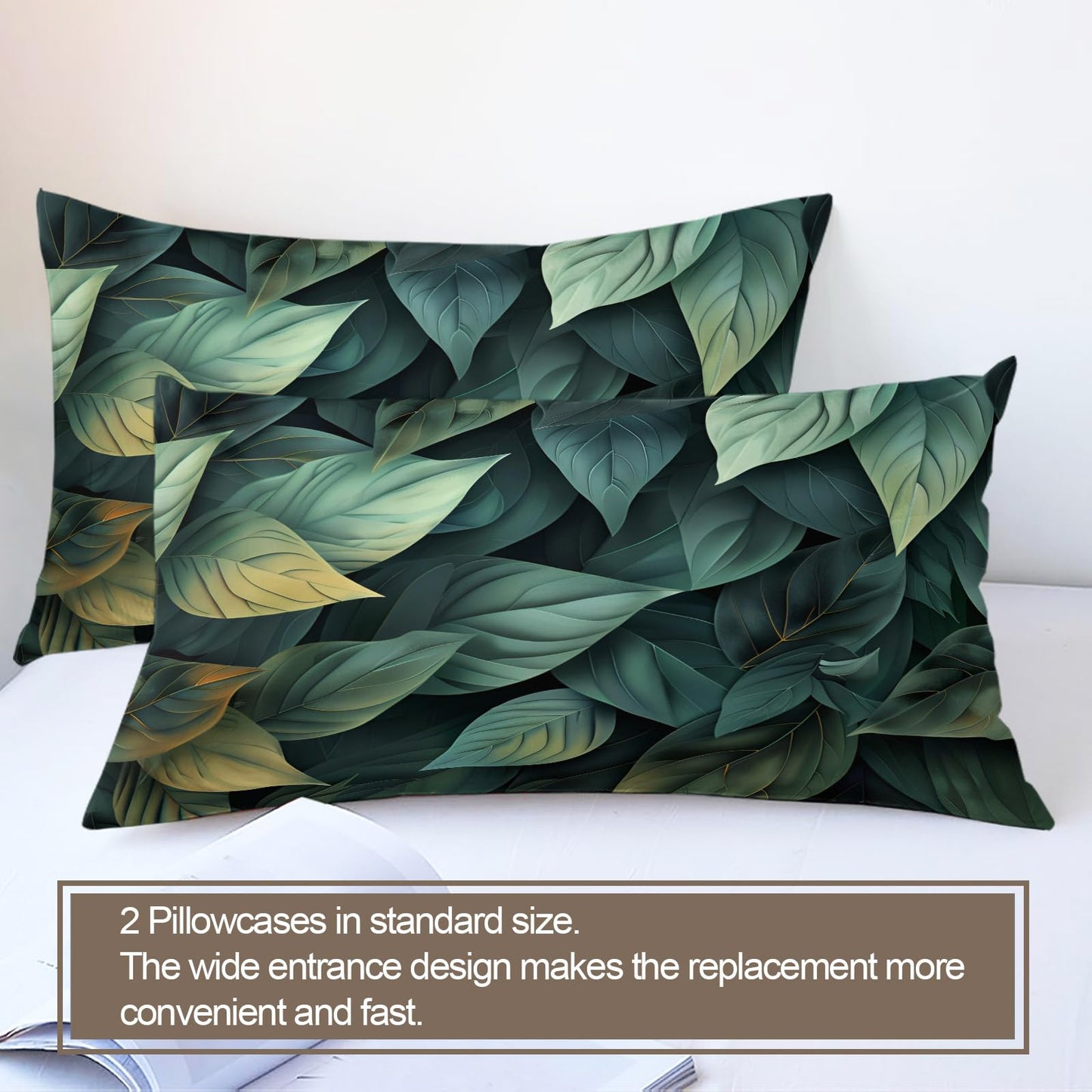 ZAMODE Leaf Duvet Cover 104" x 90", Tropical Leaves Bedding Set, Green Botanical Comforter Cover with Zipper Ties