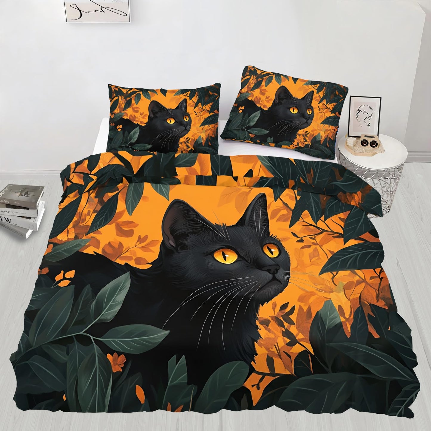 PAISUOQ Black Cat Print Duvet Cover Full, Green Leaves Bedding, Cartoon Kids Comforter Cover with 2 Pillow Cases, 3 Pieces with Zipper & Ties, Bedroom Decor & Gifts