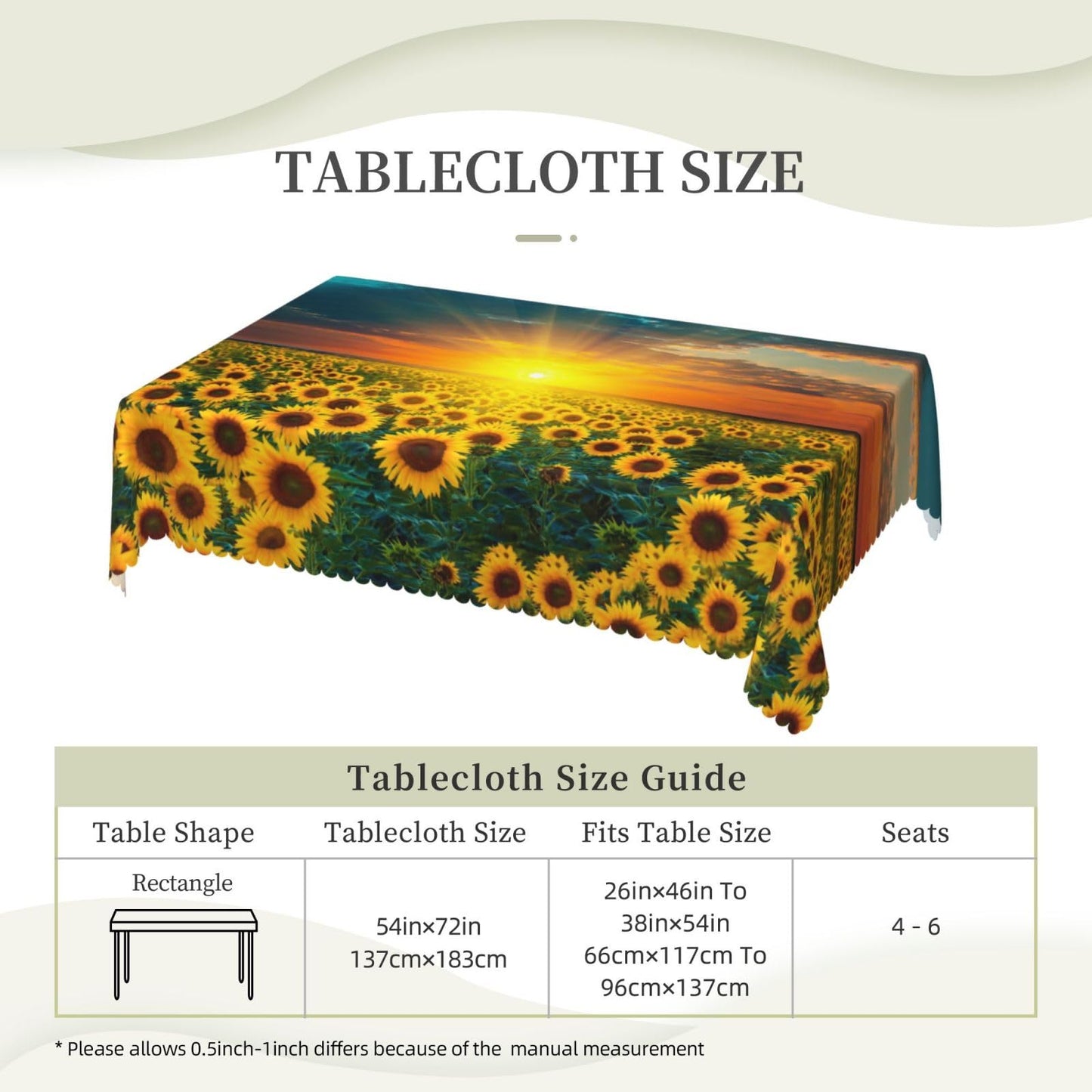 GOUROISE Sunflower Fields Rectangular Tablecloth, Sunset Sunrise 54x72 Inch Wavy Lace Border Polyester Table Cloth for Dining, Kitchen, Parties