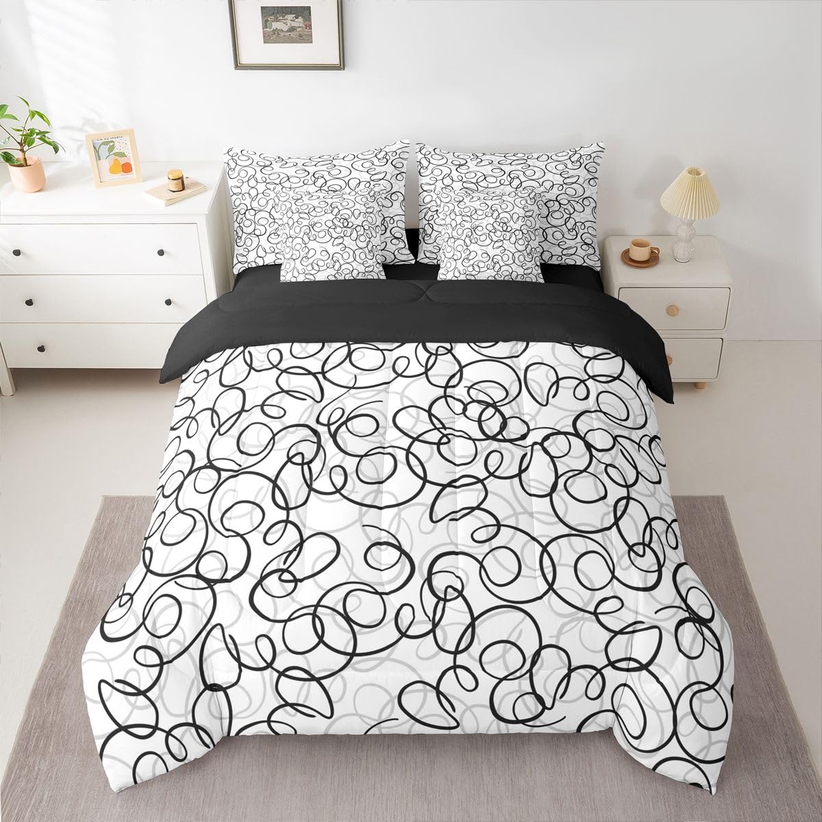 Erosebridal Geometric 7 Piece Comforter Set Queen Bed in A Bag Black Gray White Abstract Swirls Bedding Set for Boys Girls Modern Abstract Texture Bedroom Decor Contemporary Lines Aesthetic Sheet Set