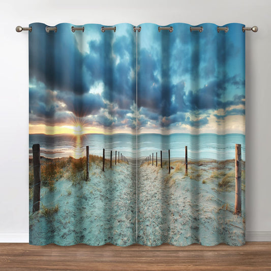 Jekeno Costal Beach Blackout Curtains - Ocean Sunrise Sunset Natural Sky Sea Sand Landscape Print Decor Bedroom Living Room Darkening Grommet Window Drapes 2 Panels Set,52"x 84"