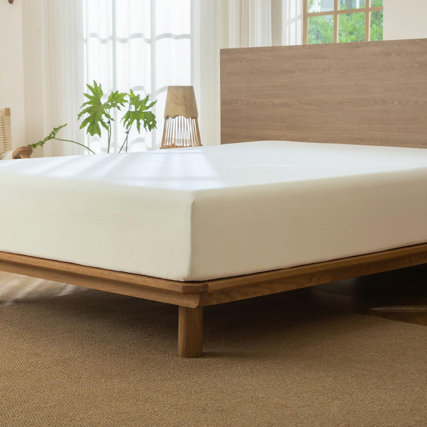 MooMee Fitted Bottom Sheet Only 100% Washed Cotton Linen Like Textured Breathable Durable Soft Comfy Deep Pocket Fits Mattress up to 17" (Cream White, King