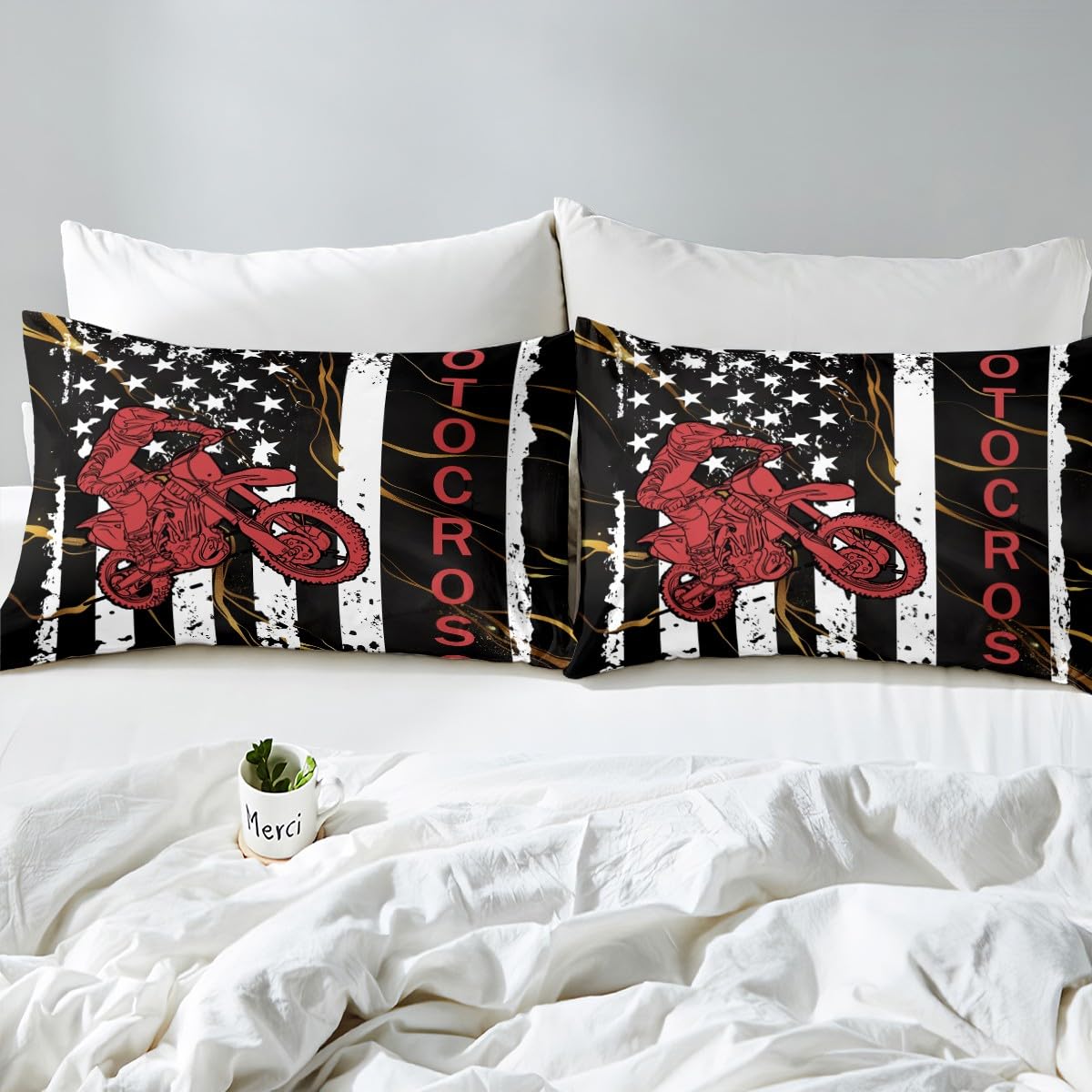 Dirt Bike Fitted Sheet for Teens, American Flag Bedding Set Twin, Motocross Rider Extreme Sport Bed Sheet United States Federations Stars Fitted Bed Sheets for Kids Boys Adult, Black White White