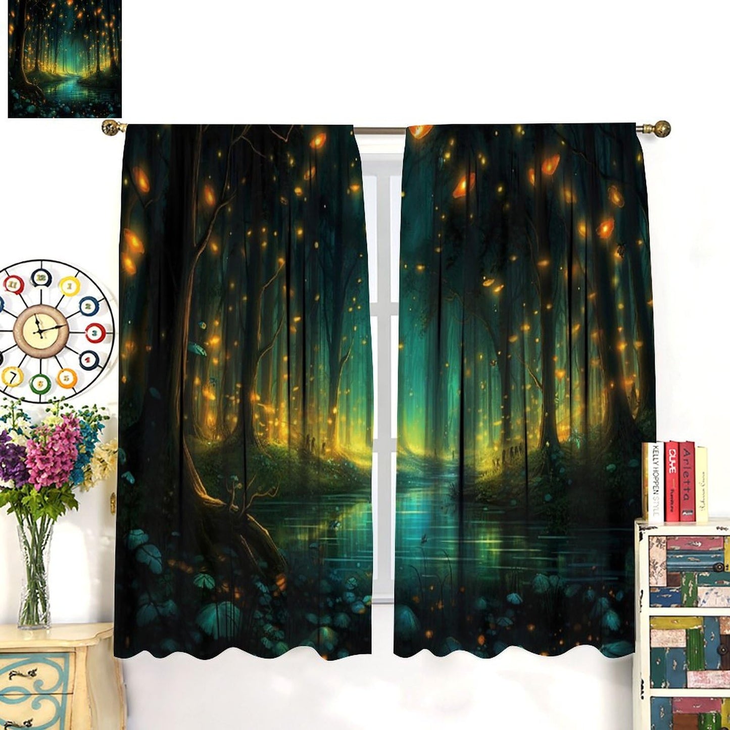 SYZWWSYX Magic Forest Window Curtains, Fantastic Trees Stream Flying Fireflies Pattern Print Drapes for Kitchen Bedroom Living Room Window Treatments 2 Panel Sets, 42x45 Inch