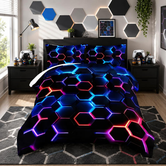 UEVBF Hexagon Geometric Comforter Set Honeycomb Bedding Sets,Blue Neon Gamer Comforter Sets for Boys Men Kids Room Decor,Twin Size Bedding Comforter Sets with 2 Pillowcases.