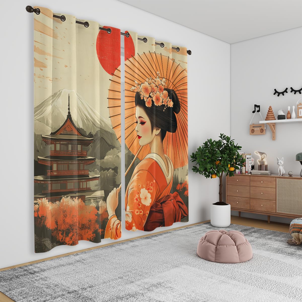 Czrouz Retro Geisha Curtain, Asian Japanese Style Women Sun Mount Fuji, Grommet Curtains for Vanity Corner or Compact Bedroom Window, 42 x 45 Inch, Thermal Insulated Darkening Drapes