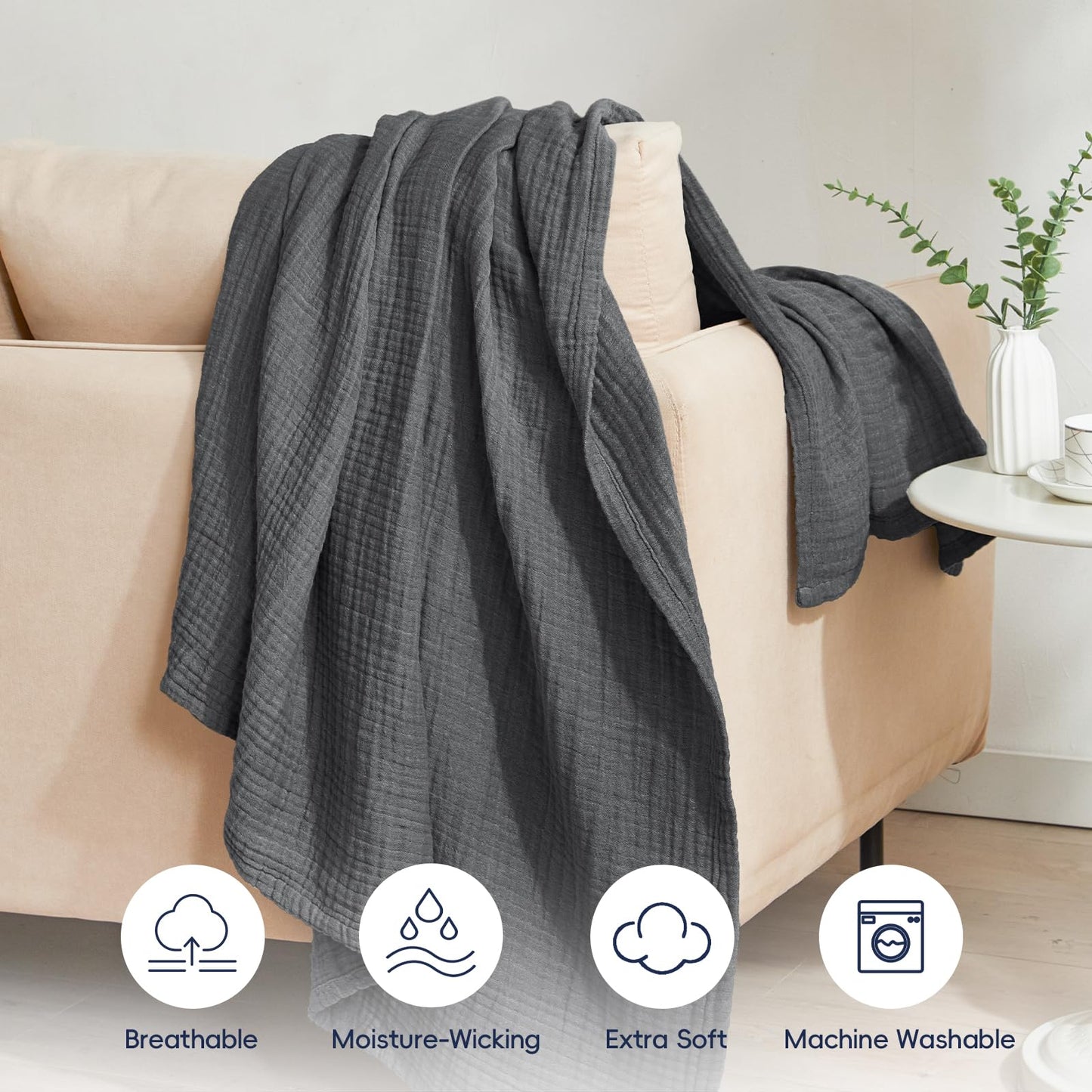 PHF 100% Cotton Muslin Throw Blanket 50" x 60", 4-Layer Lightweight Gauze Throw, Breathable Cloud-Soft Minimalist Blanket for Bed, Couch, Camping & Baby, Greyish Black, Ideal Gift