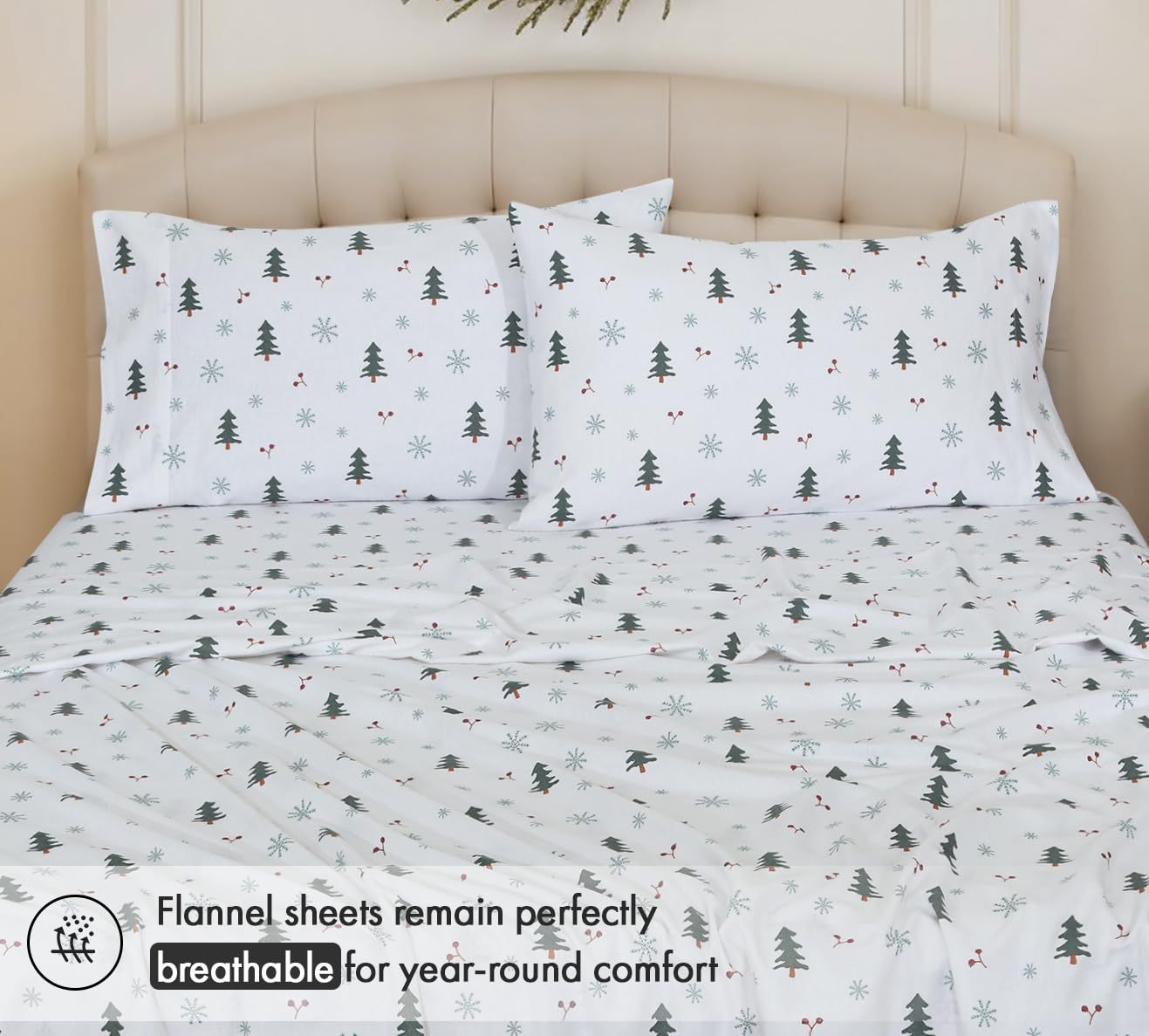 RUVANTI Flannel Sheets Queen Size - 100% Cotton Double Brushed Bed Sheets, Deep Pockets 16 Inches Queen Sheet Set, All Seasons Breathable & Extra Soft - Warm & Cozy, 4 Piece, Berry & Pine