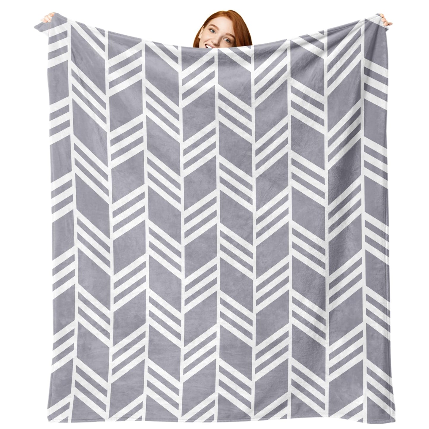 Paayna Grey White Geometric Flannel Throw Blanket, Herringbone Abstract Modern Art Gifts for Kids Men Women, Minimalist Contemporary Soft Blankets for Bedding Sofa 50" x 60"