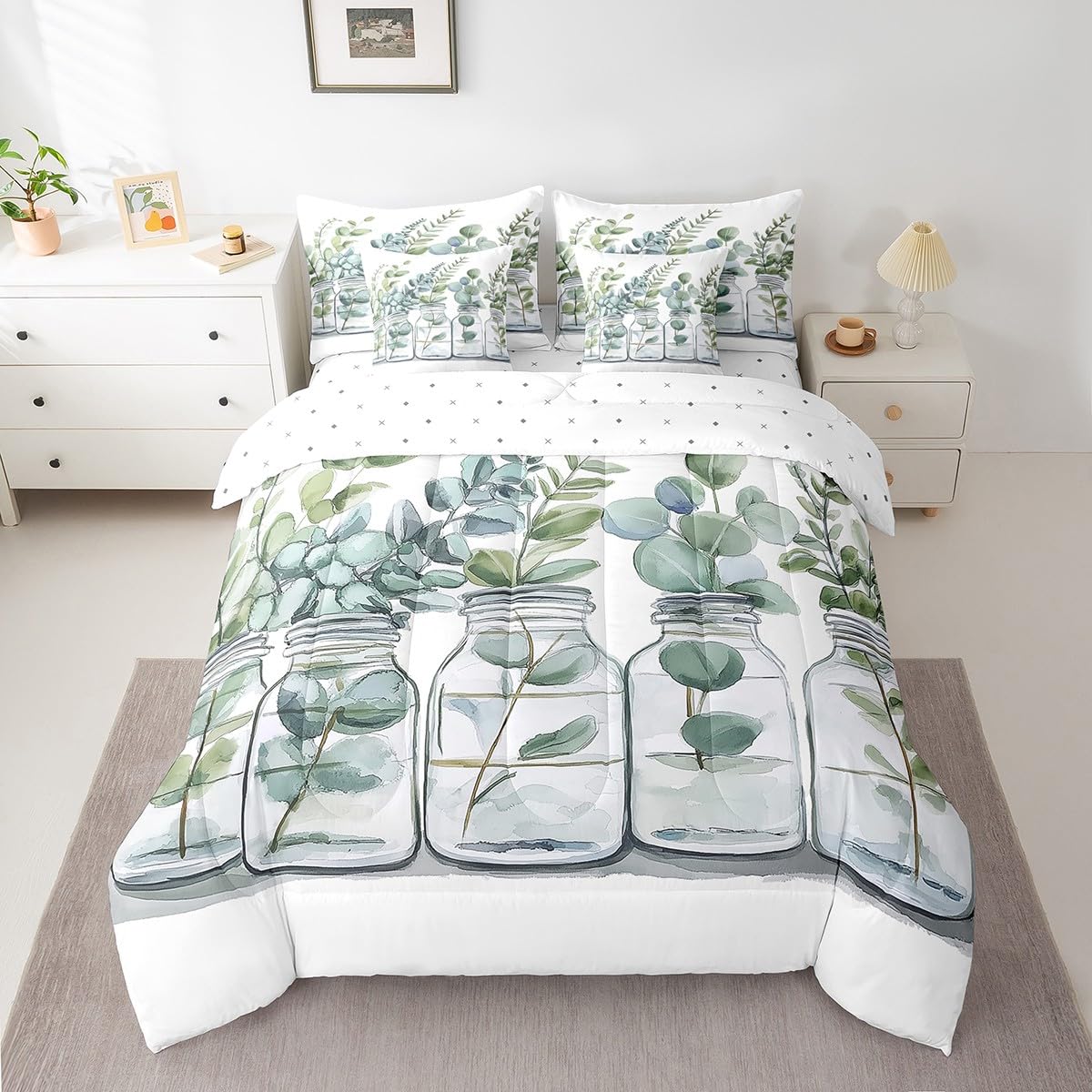 Erosebridal Spring Green Leaves Comforter Set Full Size,Botanical Leaves Bedding Set for Kids Teens,Eucalyptus Leaf (Comforter+Fitted+Flat Sheet+2 Pillowcases+2 Throw Pillow Covers) 7 Pieces Bed Set