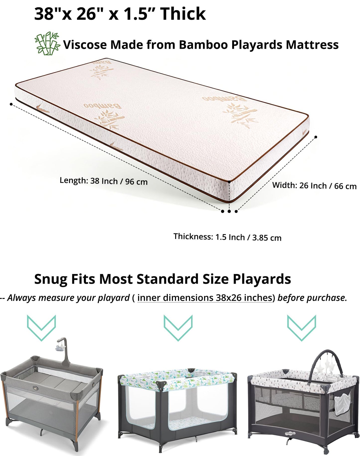 Pack and Play Mattress Pad - 38"x26"x1.5" Thick Playpen Mattress Topper for Graco Pack n Play, Baby Trend, Pamo Babe Playard - Breathable Cooling Bamboo Cover, No Gap 3D Piped Edge, Beige