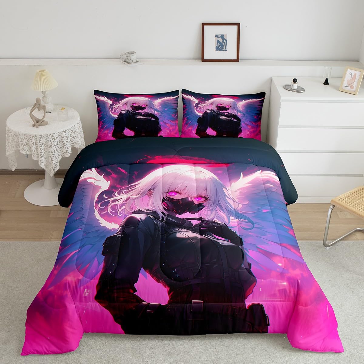 Erosebridal Twin Japanese Anime Comforter Set Anime Girl Bedding Set for Kids Girls Teens Men Bedroom, Cartoon Girl Quilt Kawaii Japanese Animation Duvet Insert 2 Piece with 1 Pillow Case