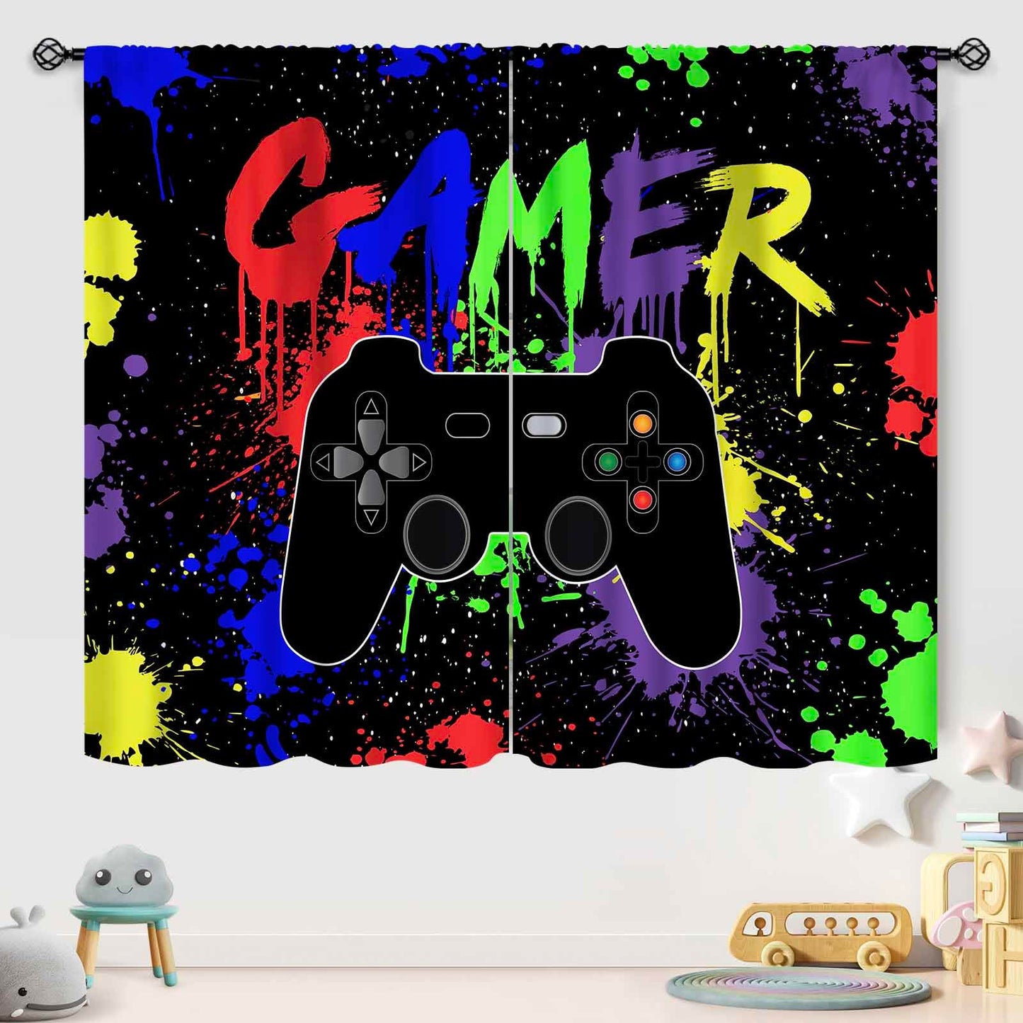 Gaming Curtains for Boys Bedroom,Colorful Graffiti Gamepad Video Gamer Themed Teen Kids Playroom Living Room Rod Pocket Window Treatments Drapes 2 Panels,42X45 Inch