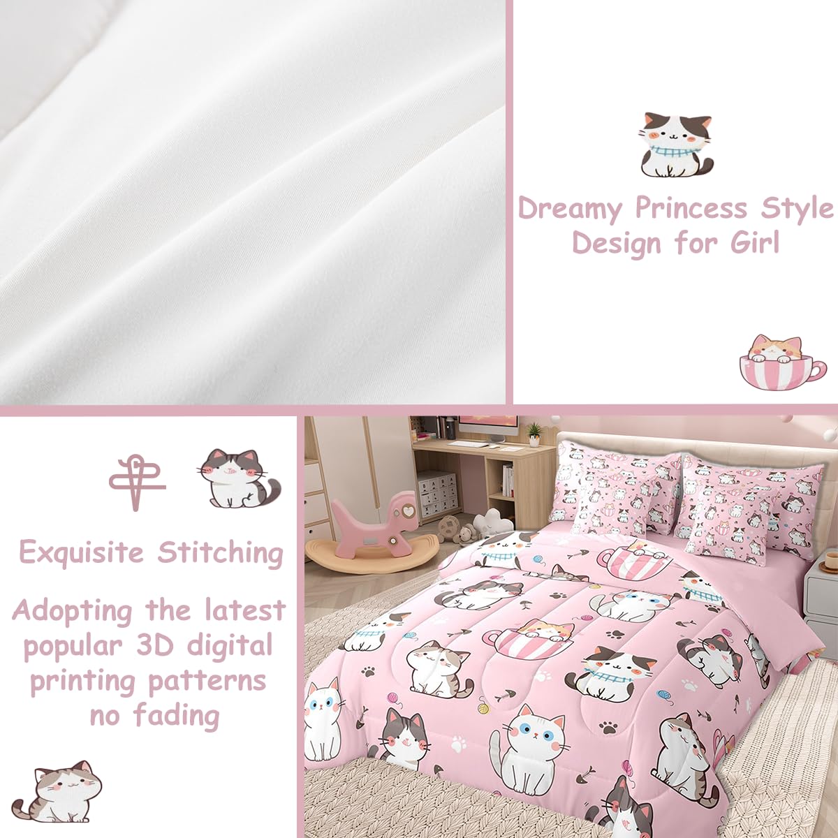 Feelyou Toddler Cat Full Comforter Set with Sheets for Kids Boys Girls Cats Print Bed in a Bag Kawaii Cartoon 7 Pieces Bedding Set Room Decor Cute Kitten Bed Set Pink Animal Themed