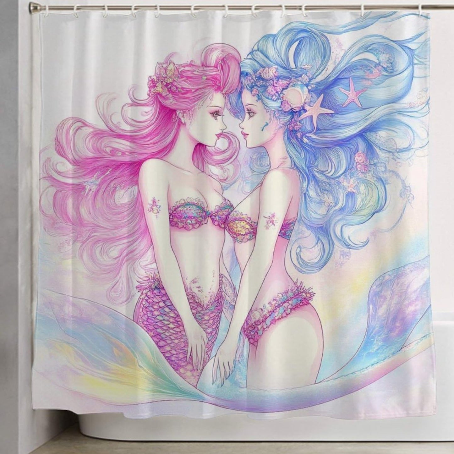 Curtain Bathroom Decoration, Shower Curtain Set with Curtain Hooks Lesbian Mermaid Anime Girl Love LGBT Pride, 72" x 70"