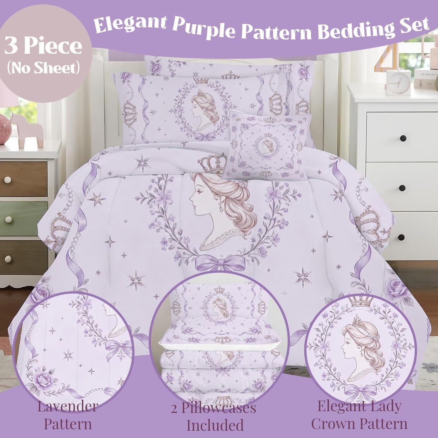 VTKON Purple Twin Princess Bedding Kids Quilt 1 Comforter + 1 Pillowcase
